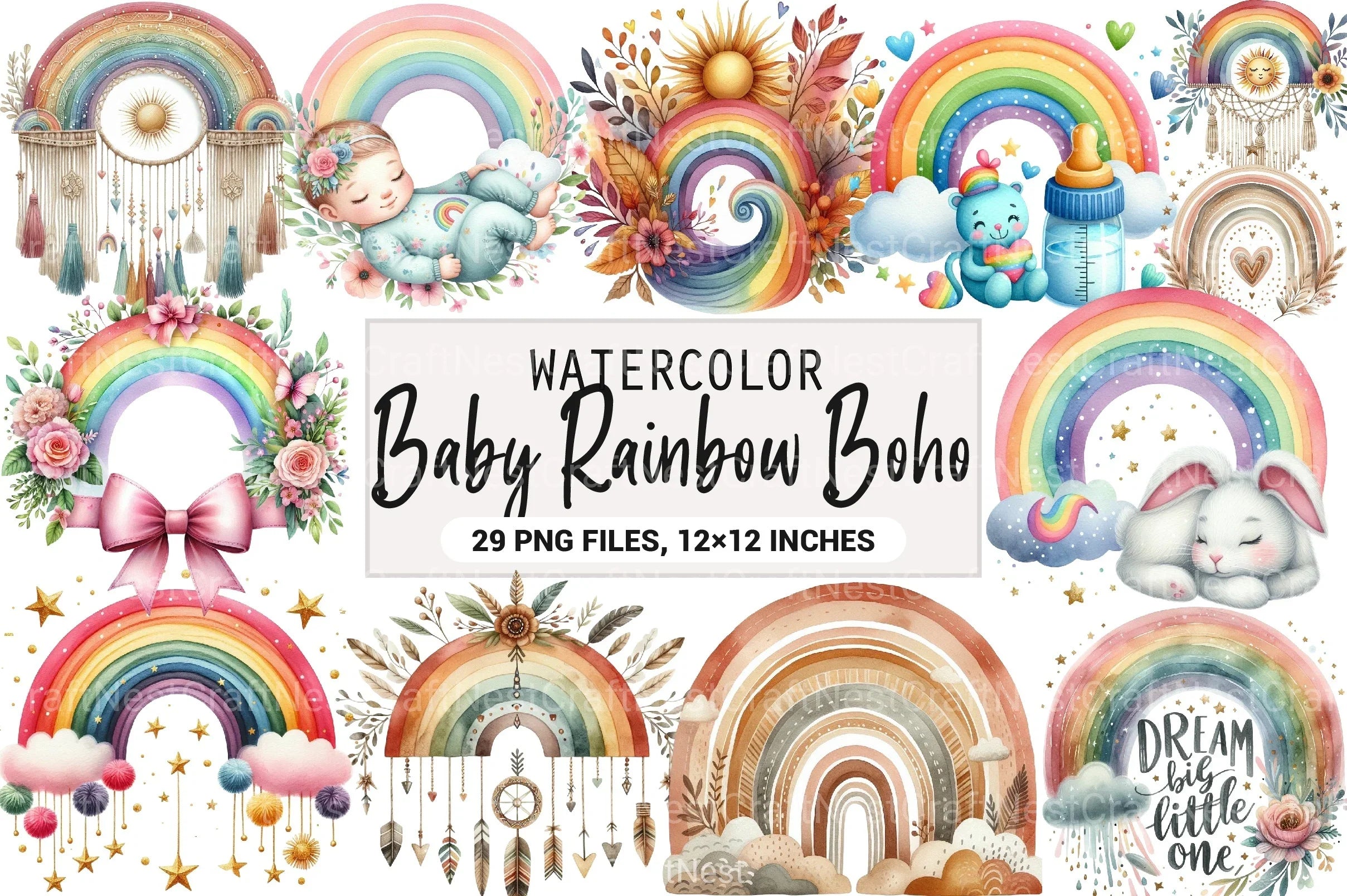 Baby Rainbow Boho Clipart Bundle