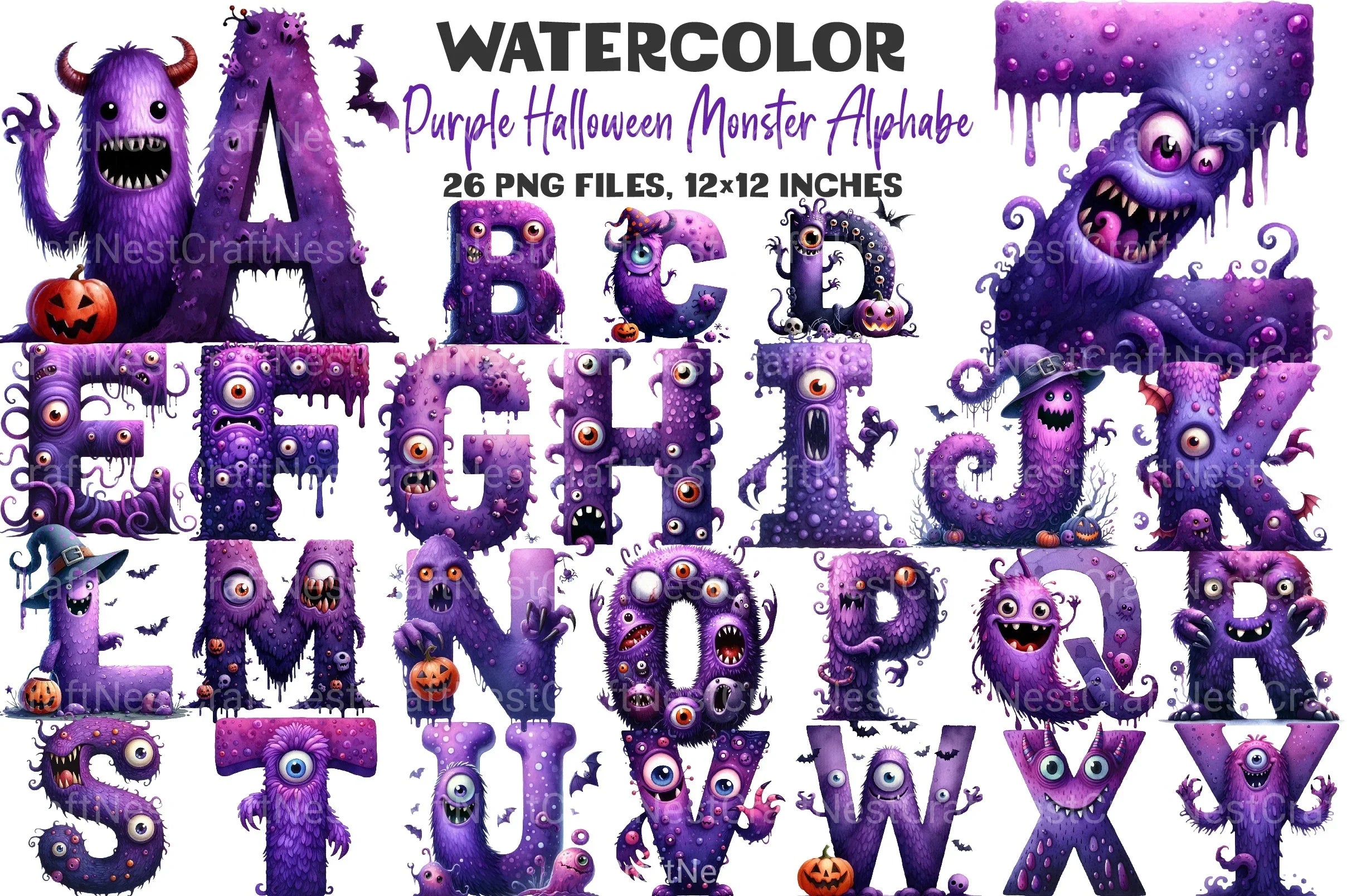 Purple Halloween Monster Alphabet Clipart Bundle