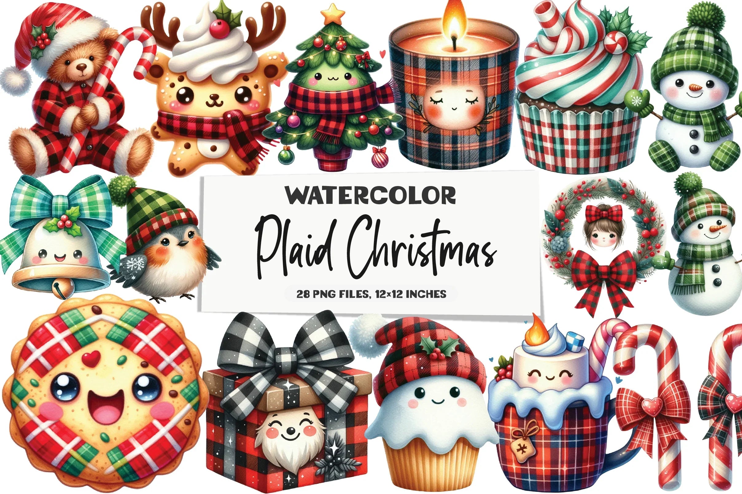 Kawaii Plaid Christmas Clipart Bundle