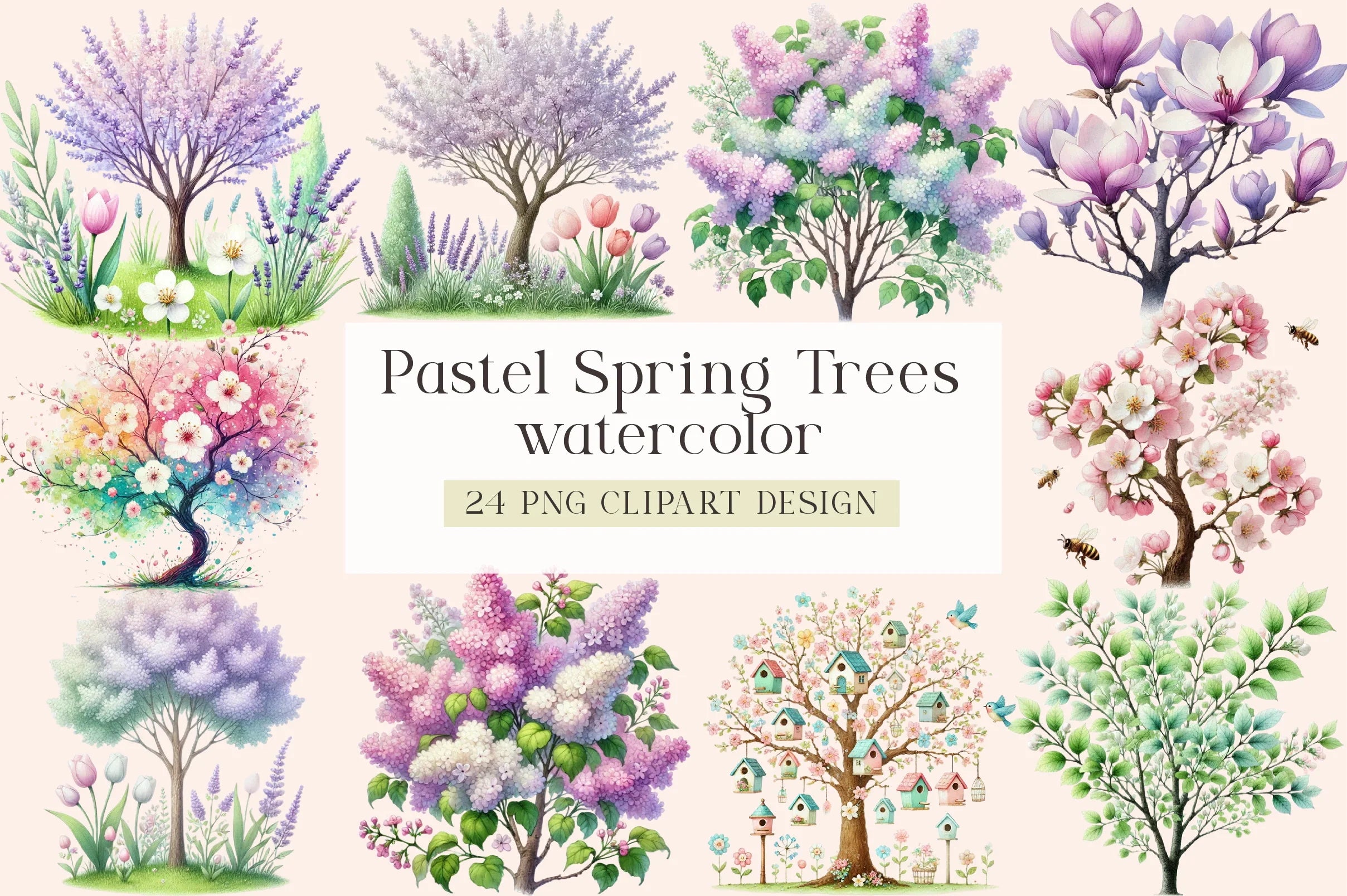 Pastel Spring Trees Clipart Bundle