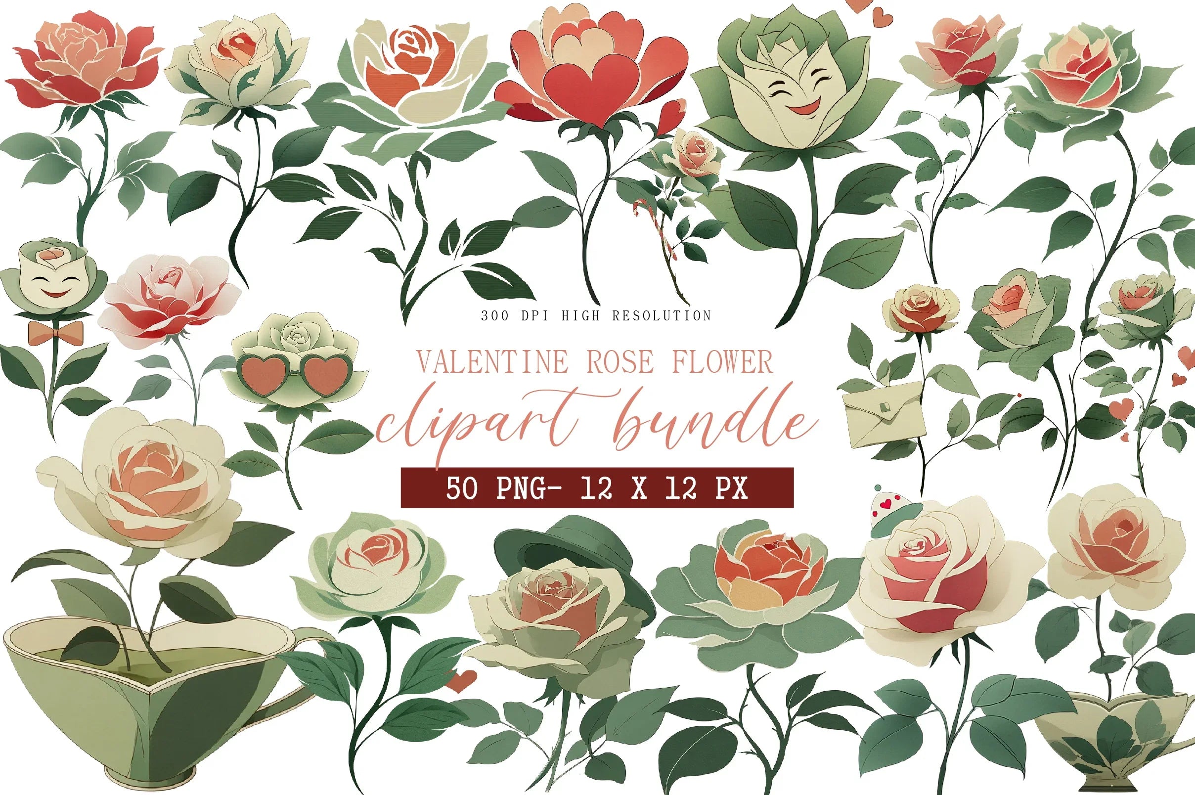 Quirky Valentine Rose Flower Clipart Bundle