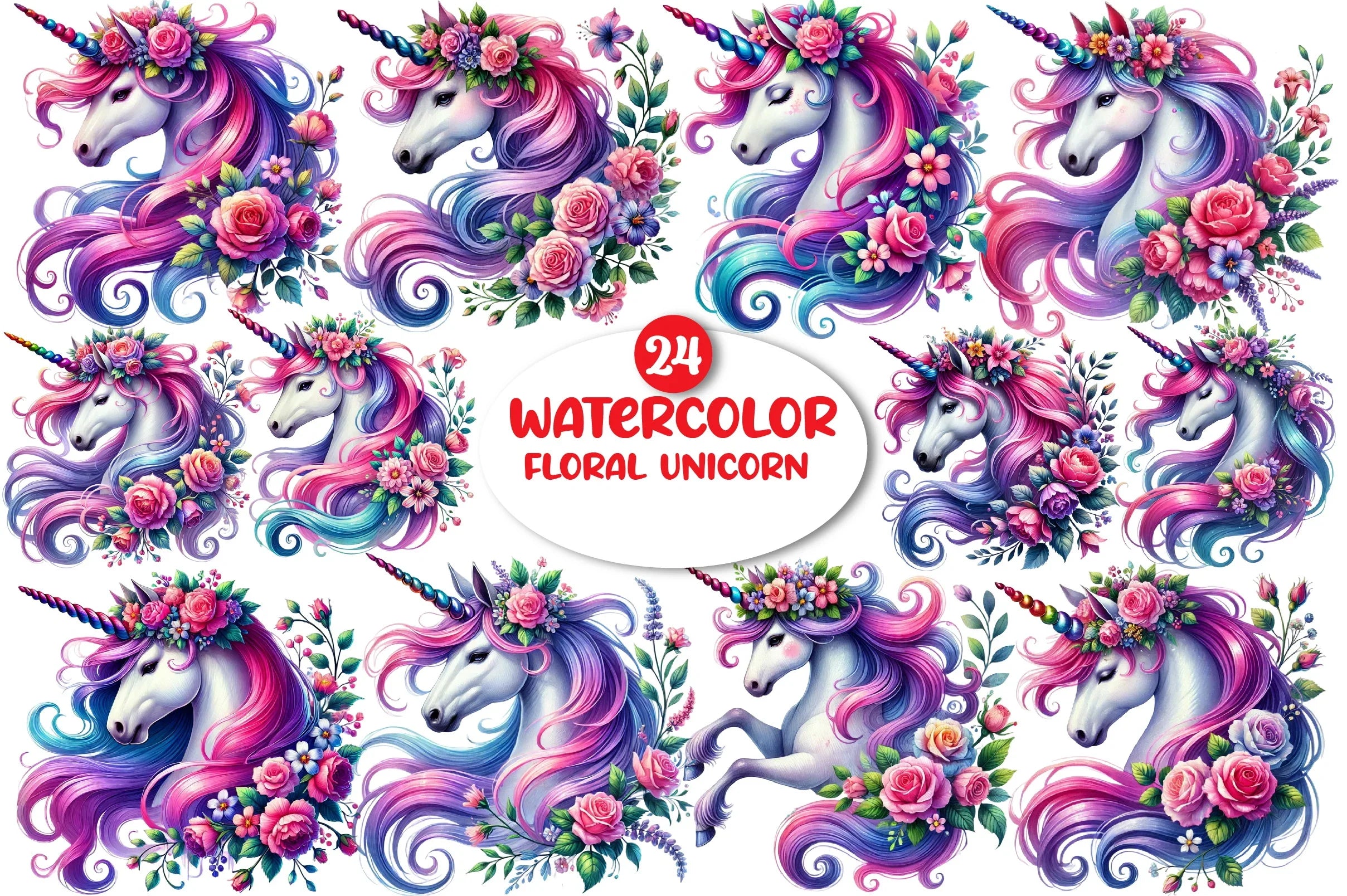 Floral Unicorn Clipart Bundle