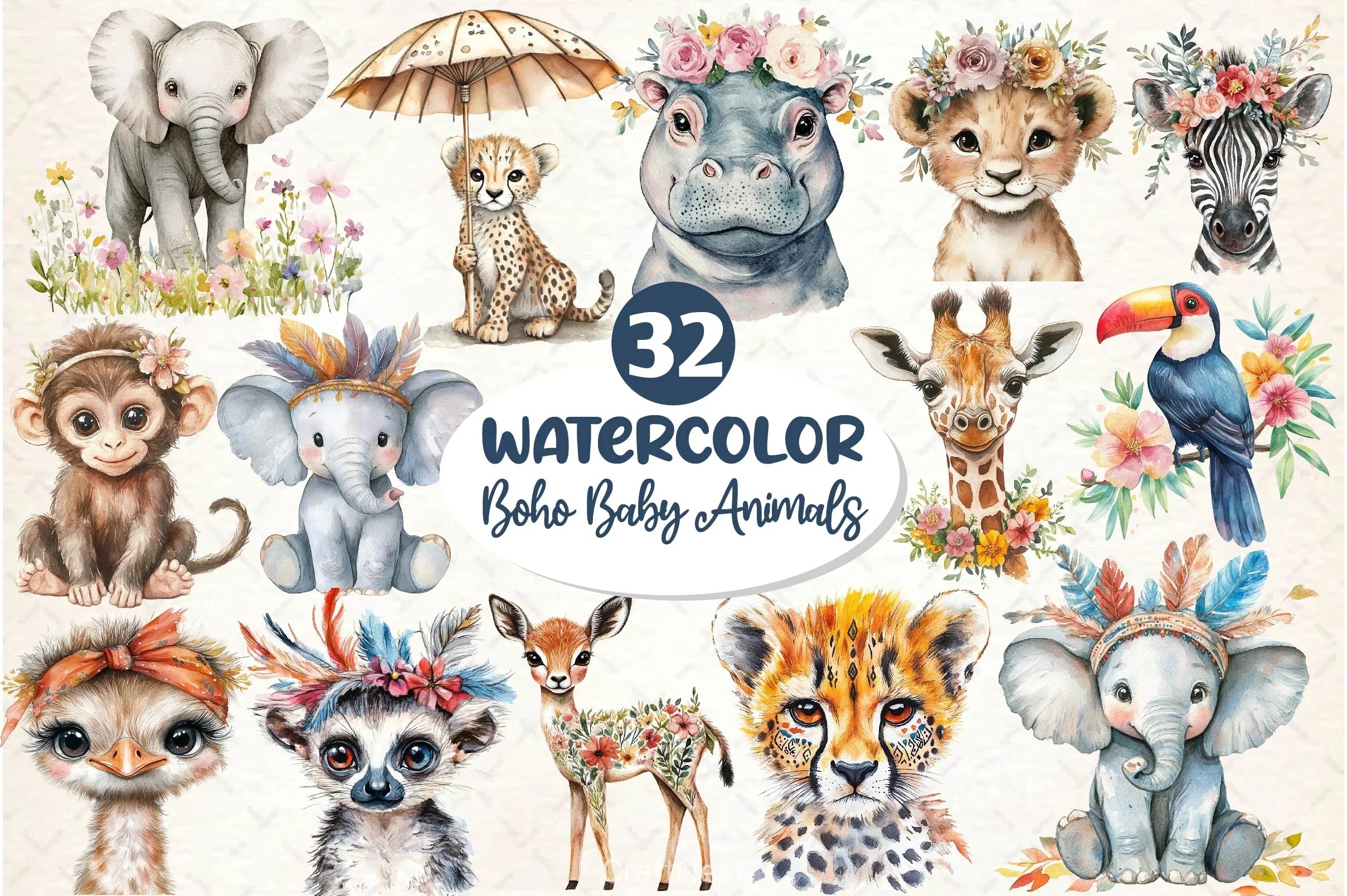 Cute Boho Baby Safari Animals Clipart Bundle