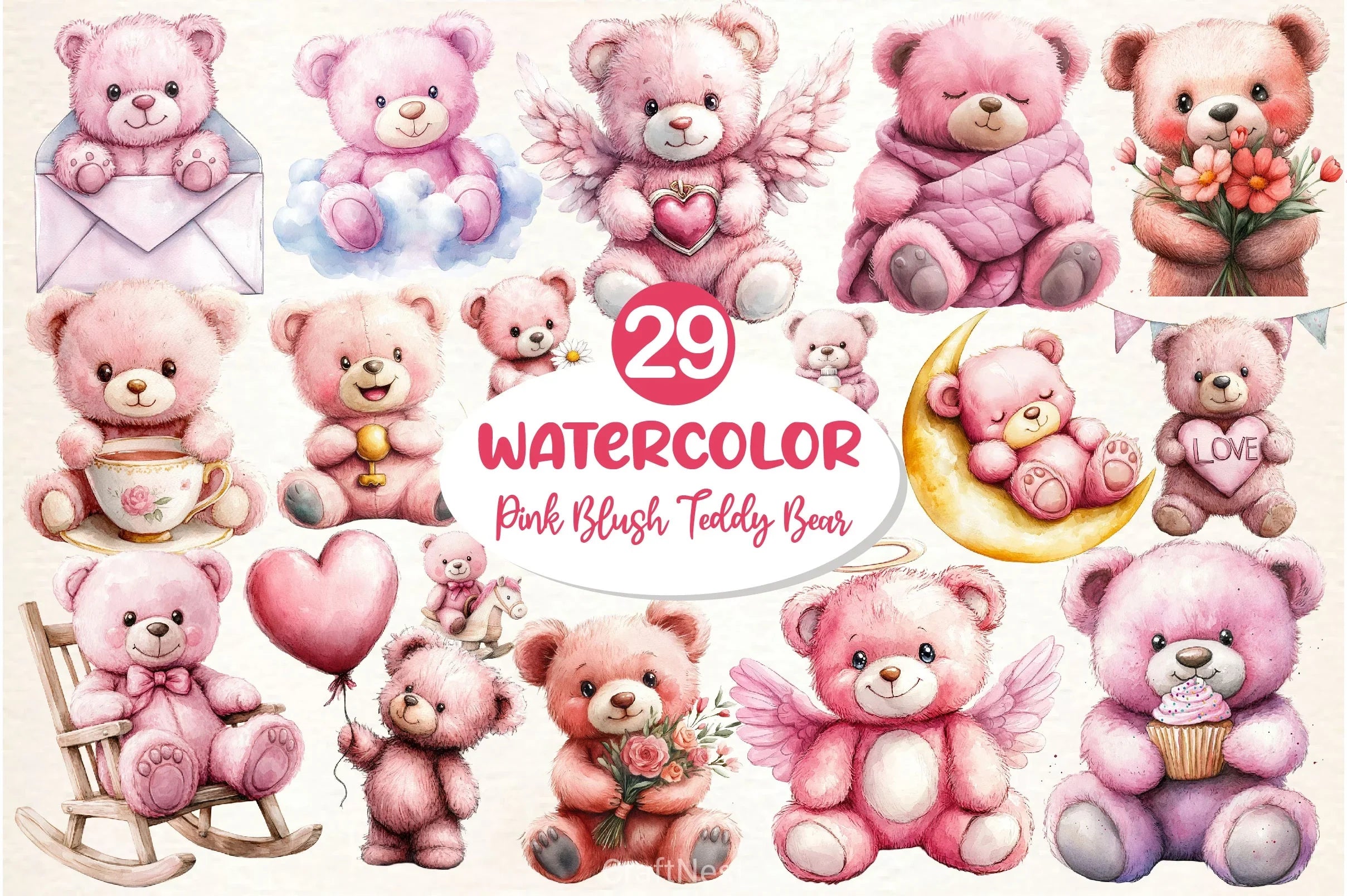 Pink Cute Blush Teddy Bear Clipart Bundle