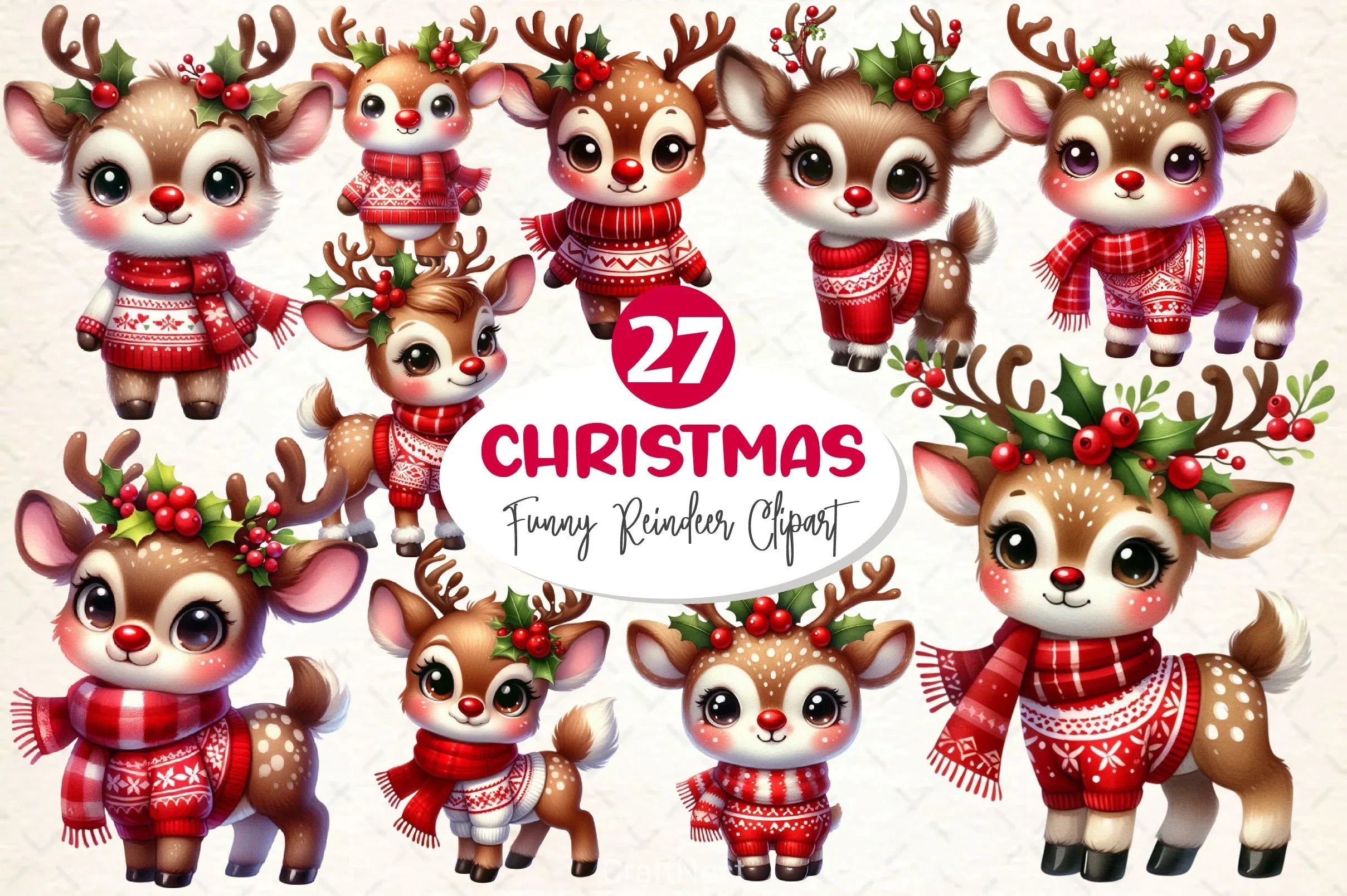 Cute Reindeer Christmas Clipart Bundle