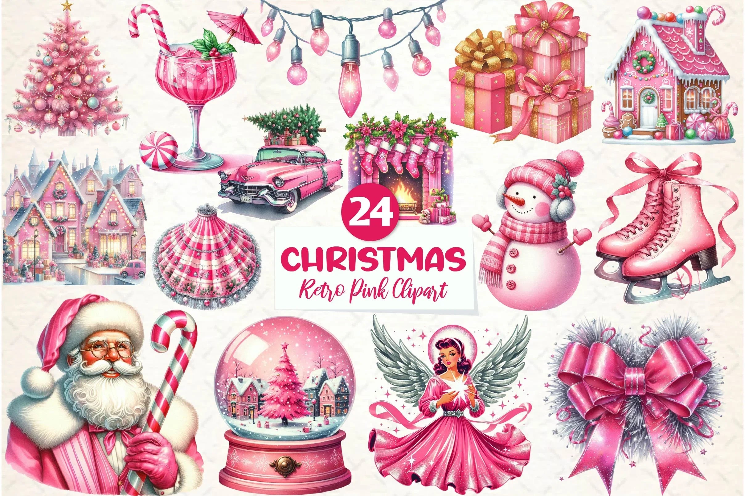 Retro Pink Christmas Clipart Bundle