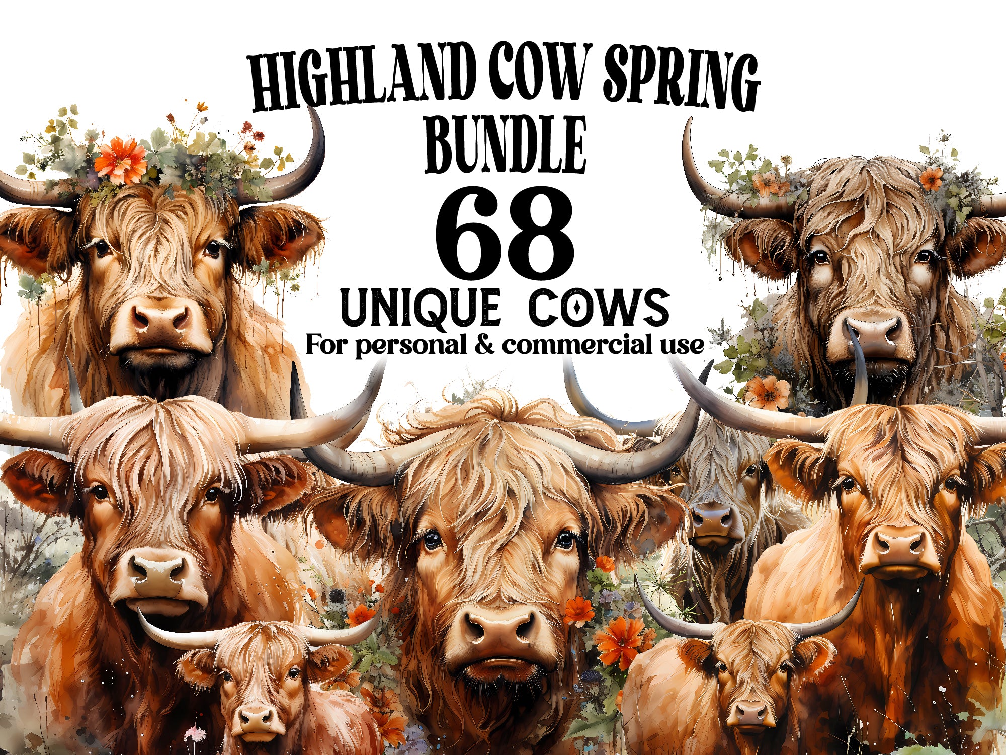 Highland Cow Spring Clipart - CraftNest