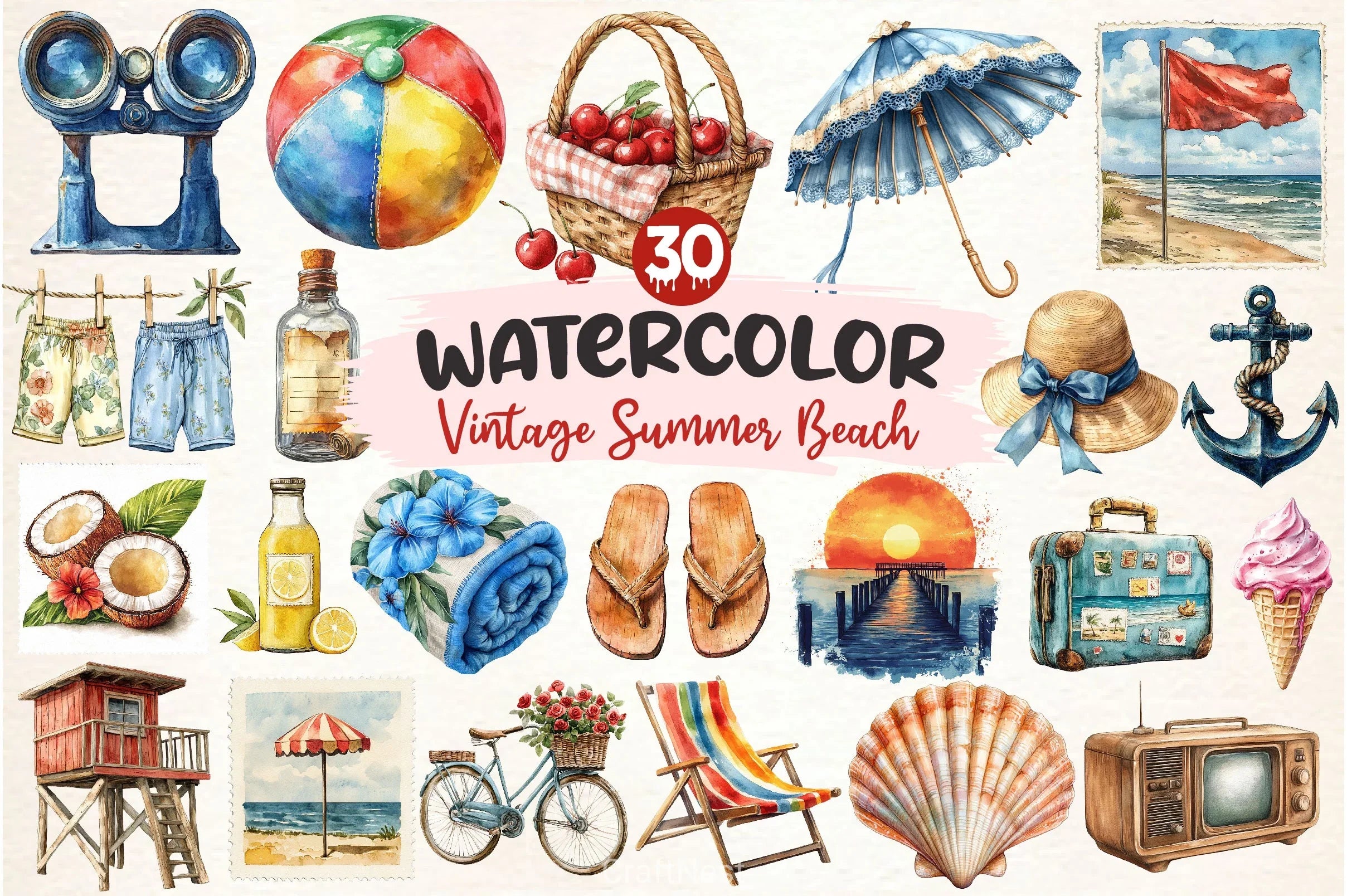 Vintage Summer Beach Clipart Bundle