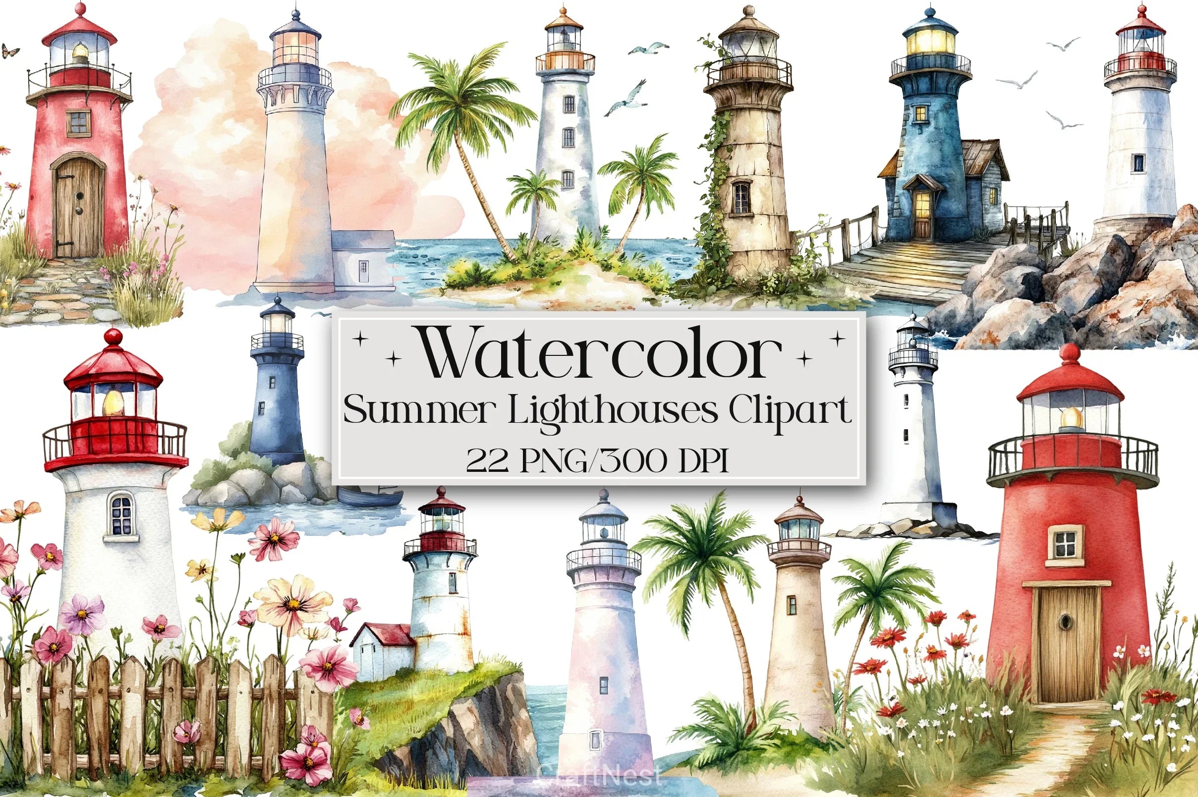 Summer Lighthouses Clipart Bundle