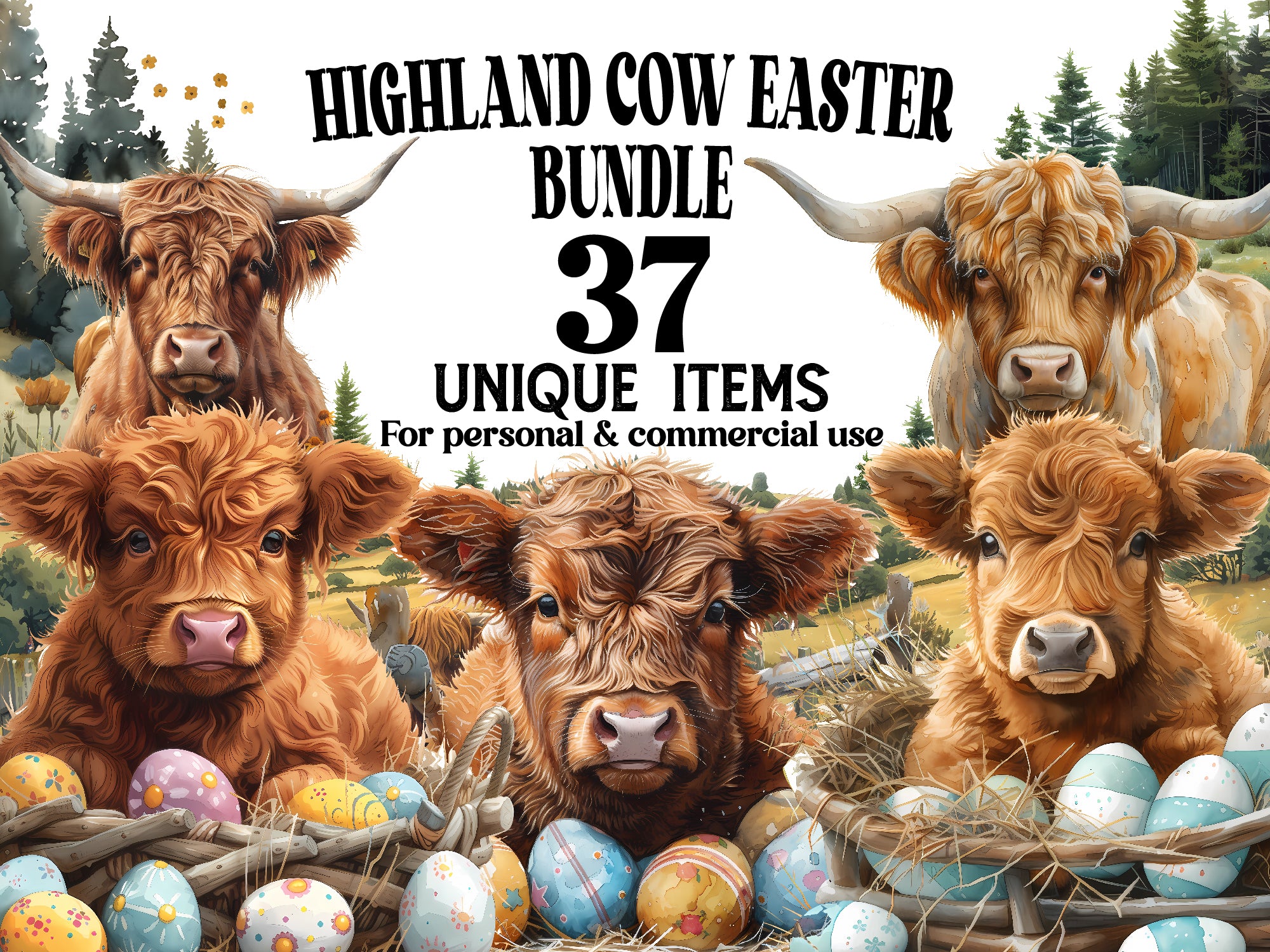 Highland Cow Easter Clipart - CraftNest