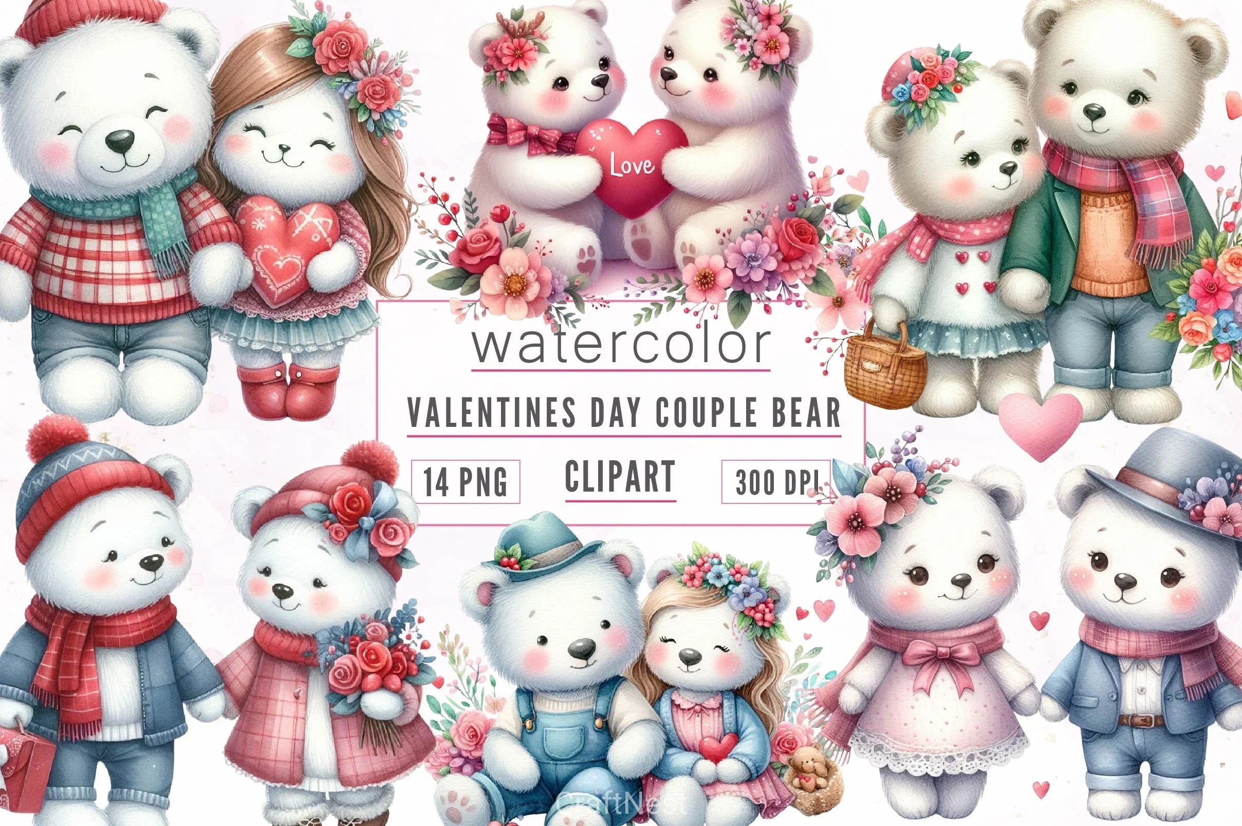 Valentines Day Couple Teddy Bear Clipart Bundle
