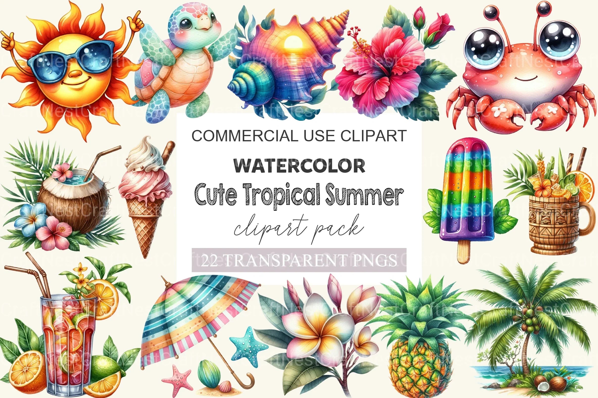 Cute Tropical Summer Clipart Bundle