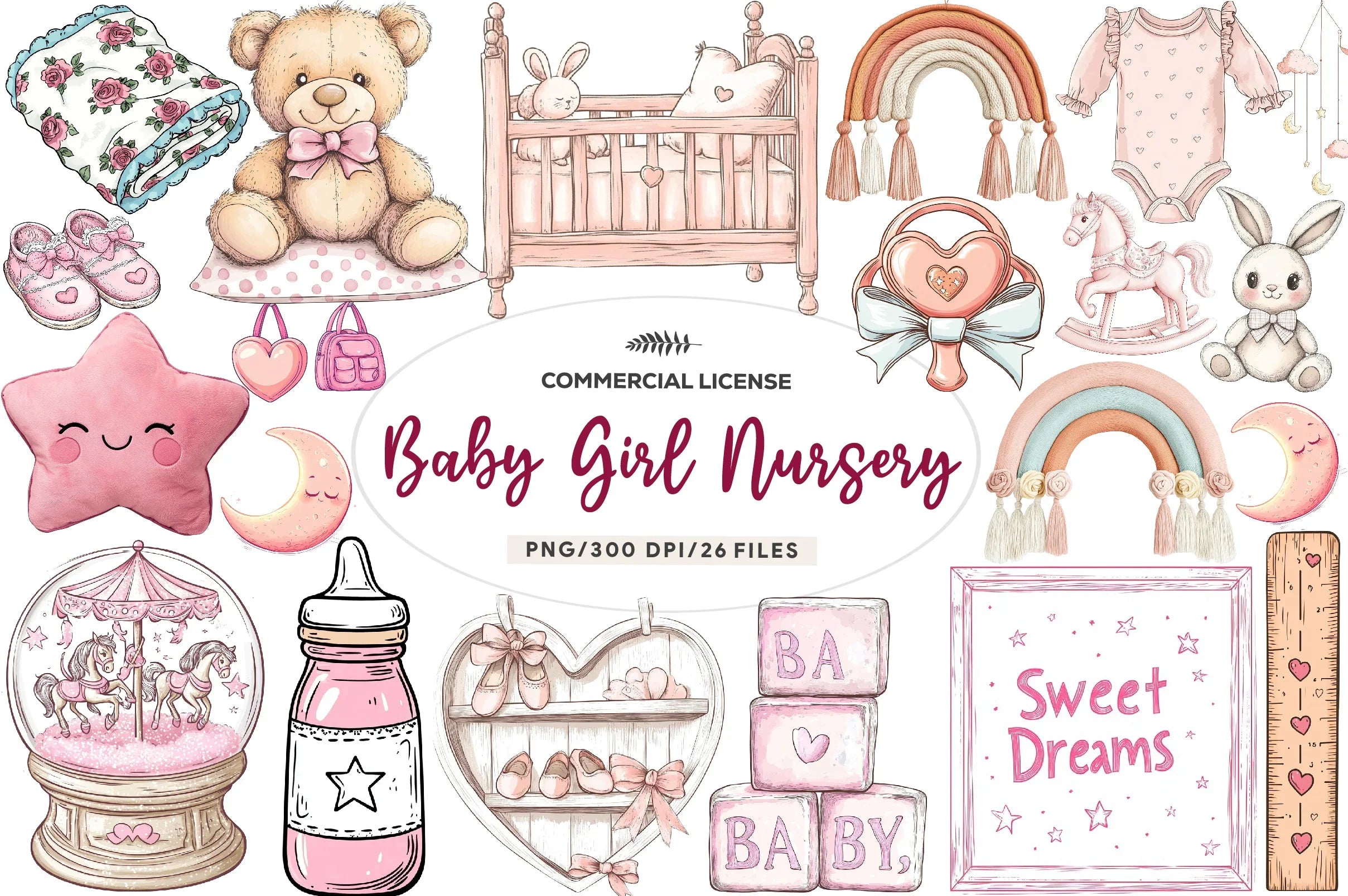 Pink Baby Girl Nursery Clipart Bundle
