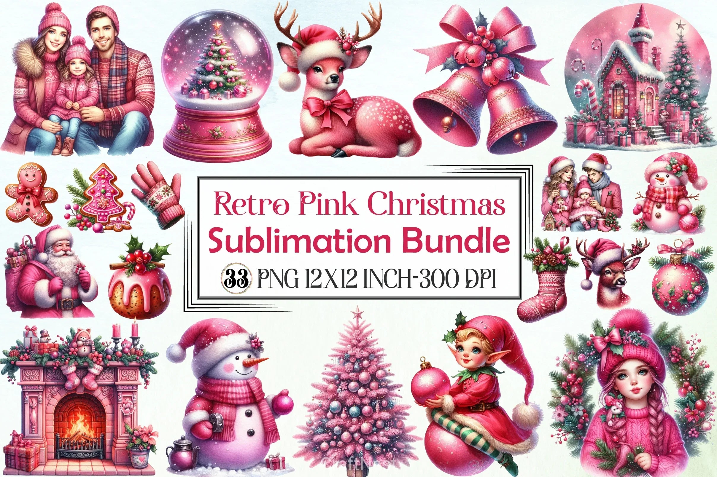 Retro Pink Christmas Clipart Bundle