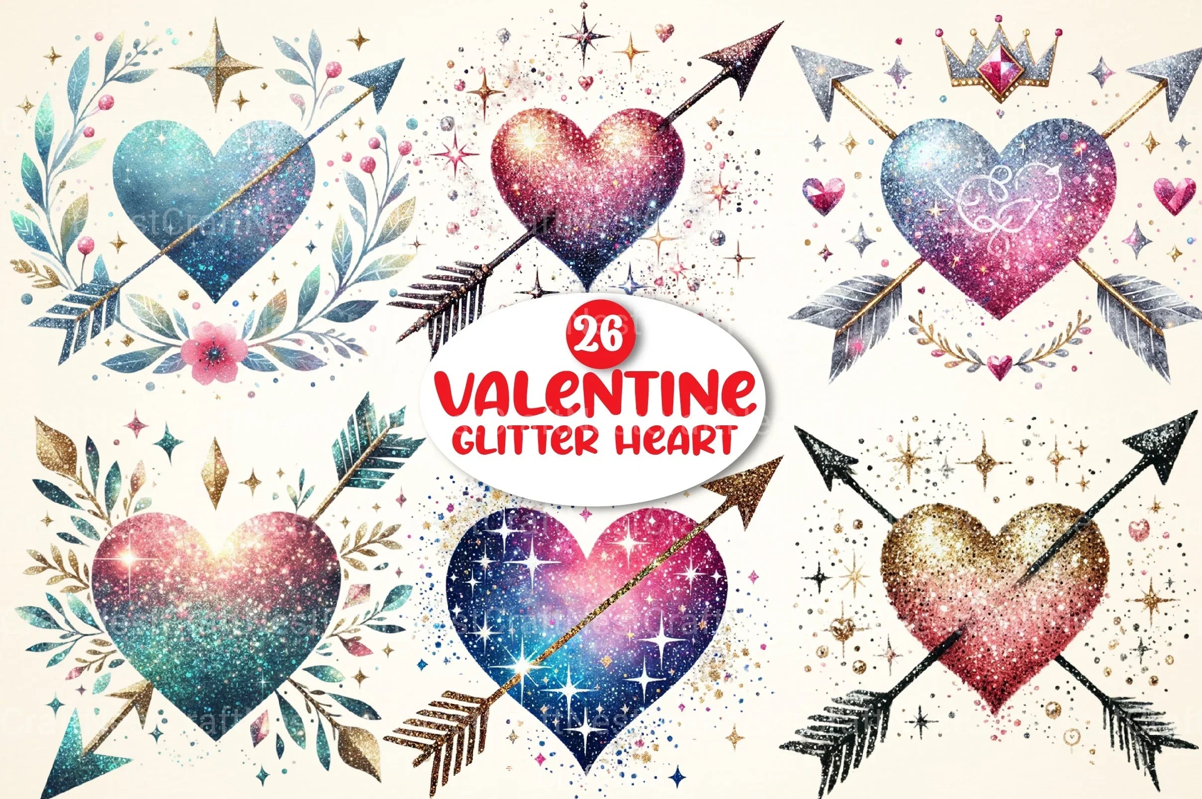 Glitter Heart Valentine Clipart Bundle