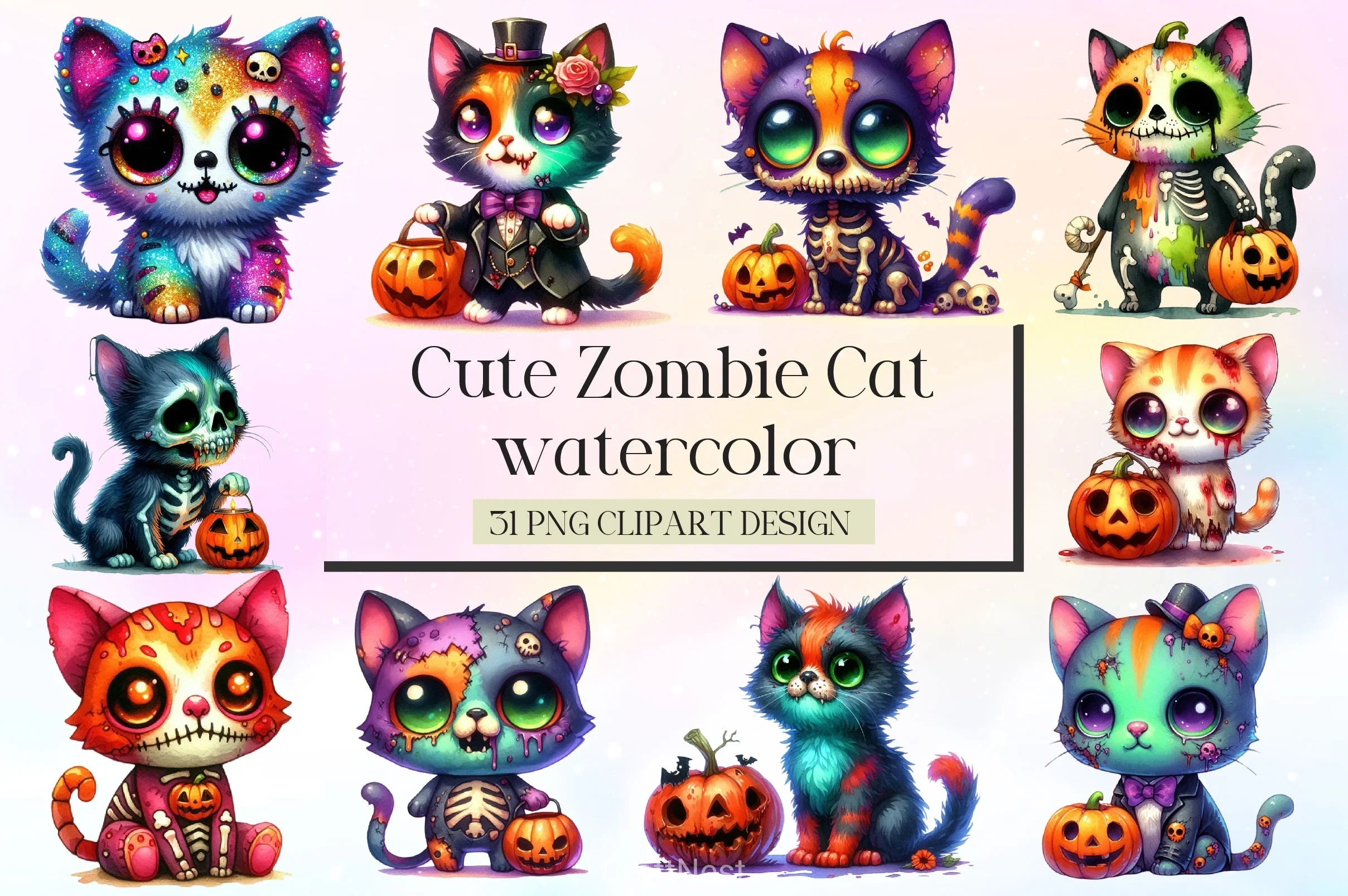 Cute Zombie Cat Clipart Bundle