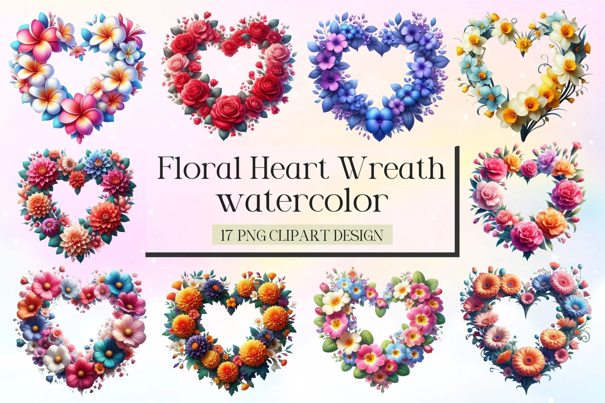 Floral Heart Wreath Clipart Bundle
