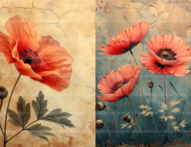 Poppies Flowers Junk Journal Pages - CraftNest