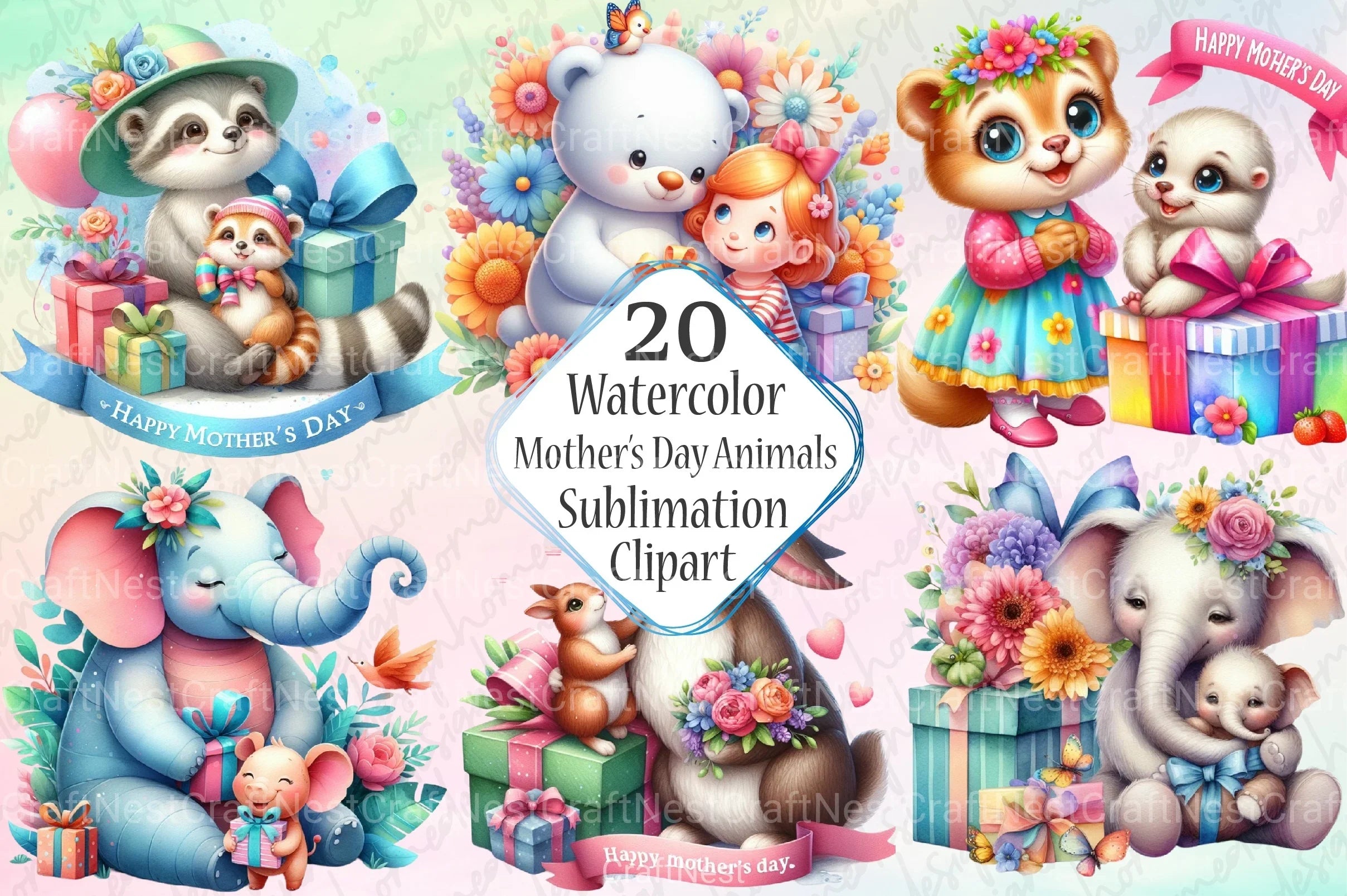 Cute Happy Mother's Day Animals Clipart Bundle
