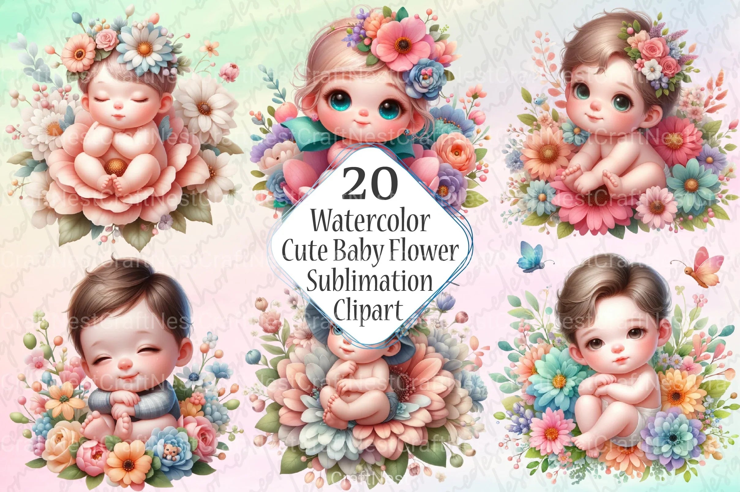 Cute Baby in Flowers Clipart Bundle