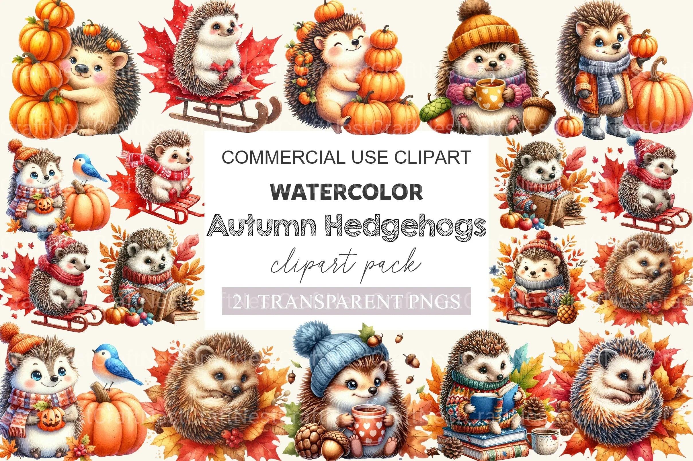 Cute Cartoon Autumn Hedgehogs Clipart Bundle