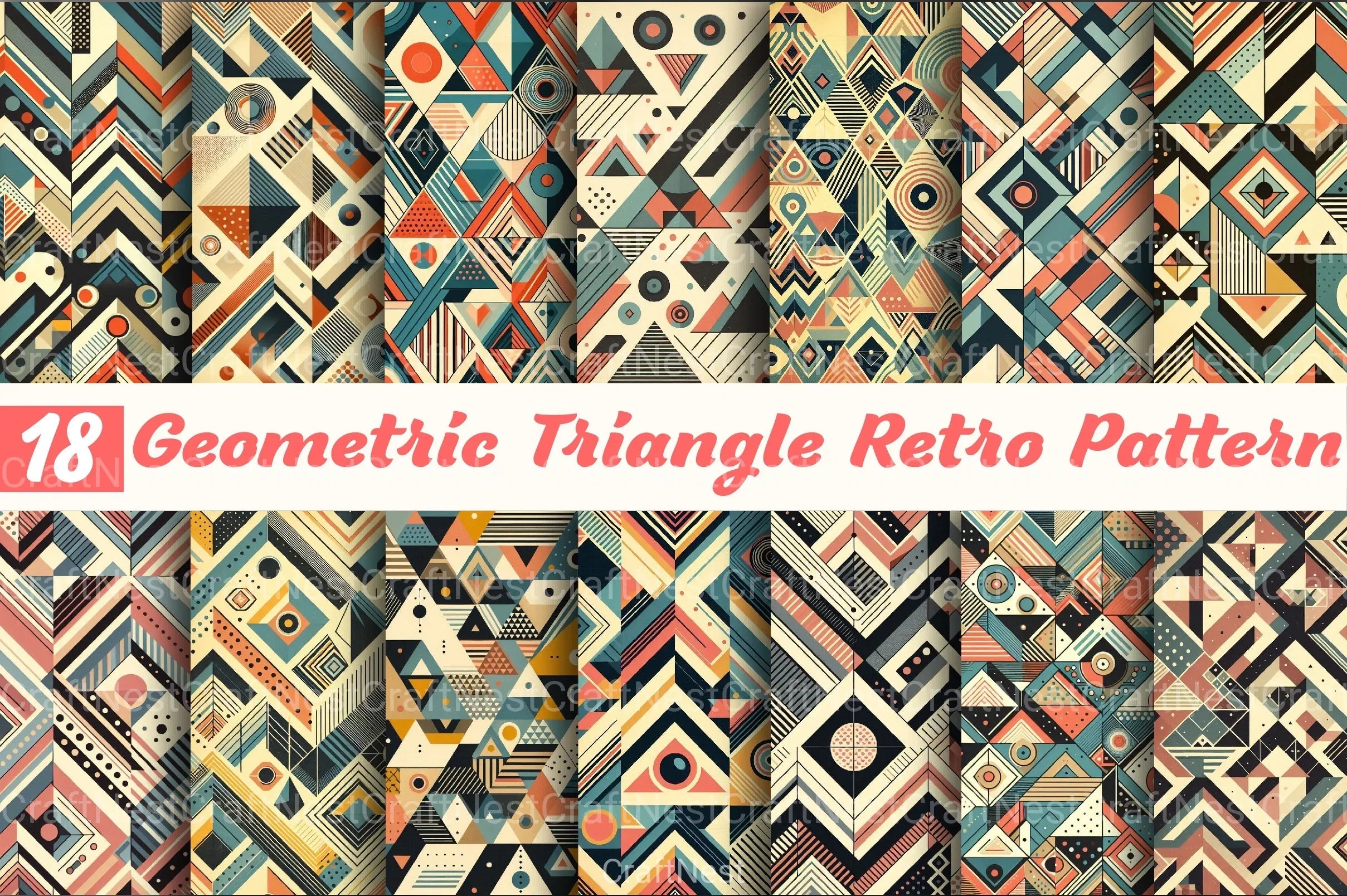 Geometric Triangle Retro Pattern Background Clipart Bundle