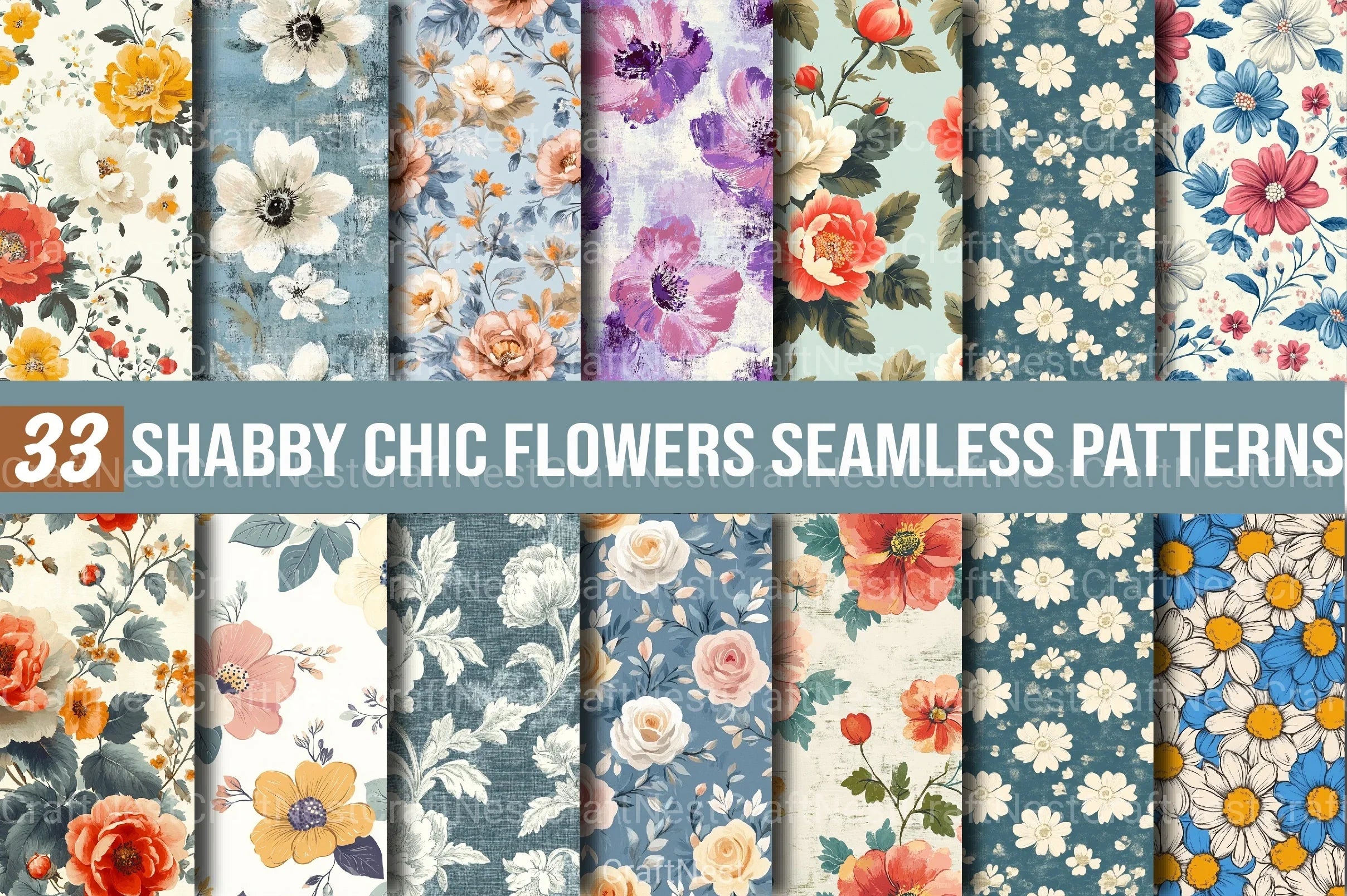 Shabby Chic Flowers Seamless Patterns Digital Paper