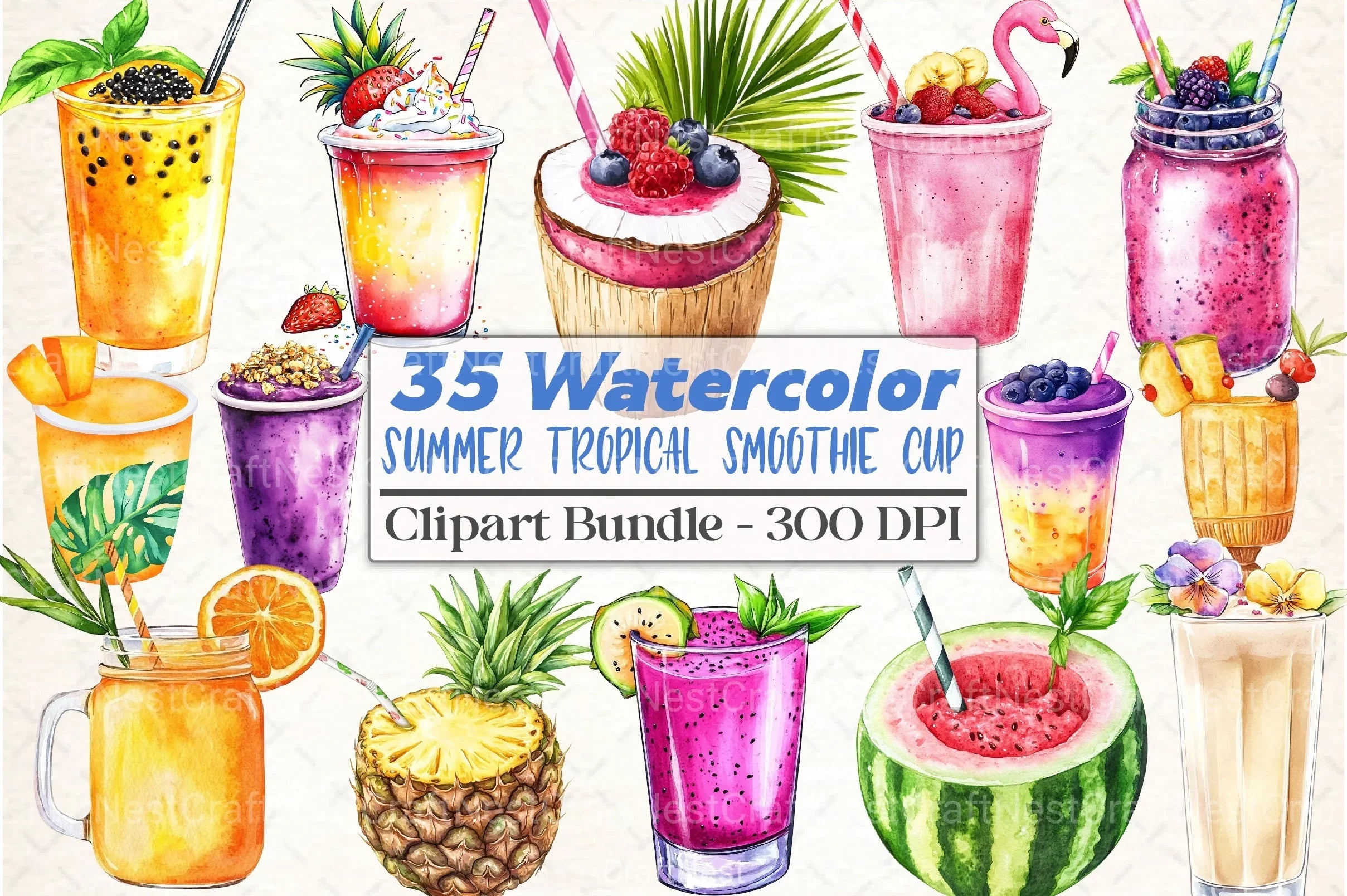 Summer Tropical Smoothie Cup Clipart Bundle