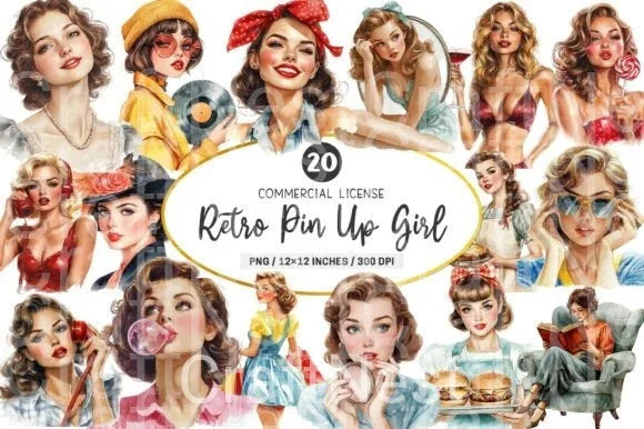 Retro Pin Up Girl PNGs: Vintage Women Clipart Bundle