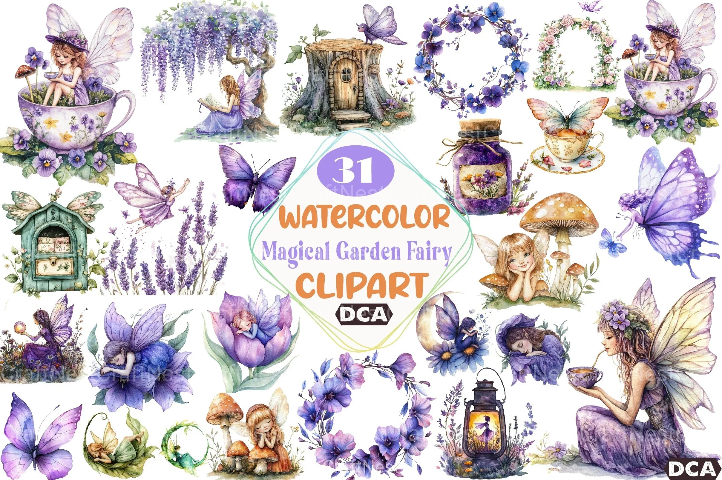 Magical Garden & Purple Fairy Clipart Bundle