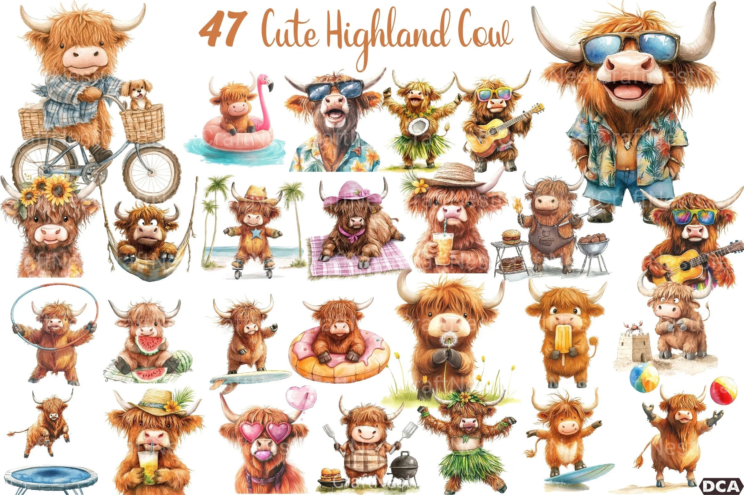 Summer Funny Cute Highland Cow Clipart Bundle