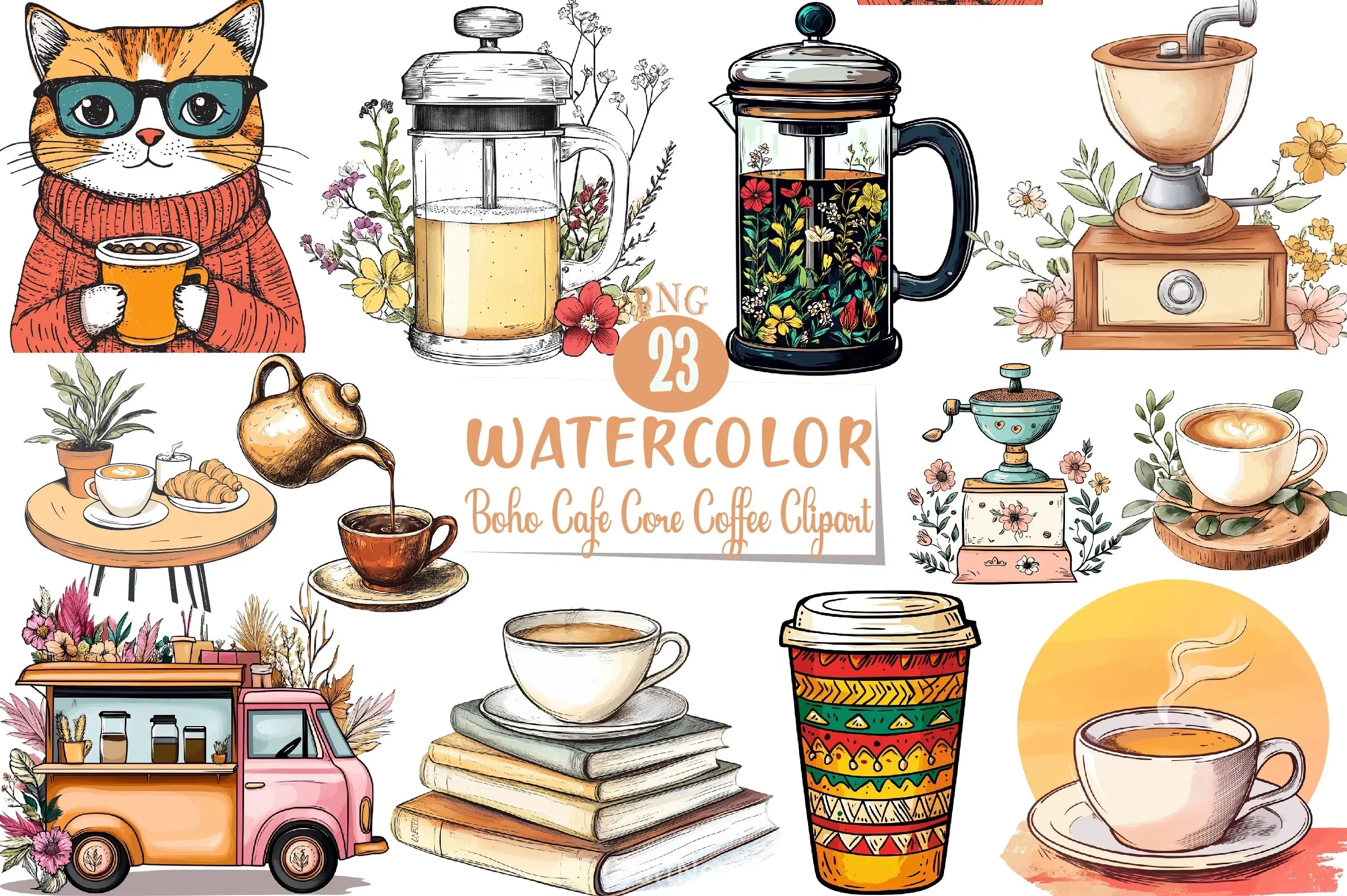 Boho Cafe Coffee Clipart Bundle