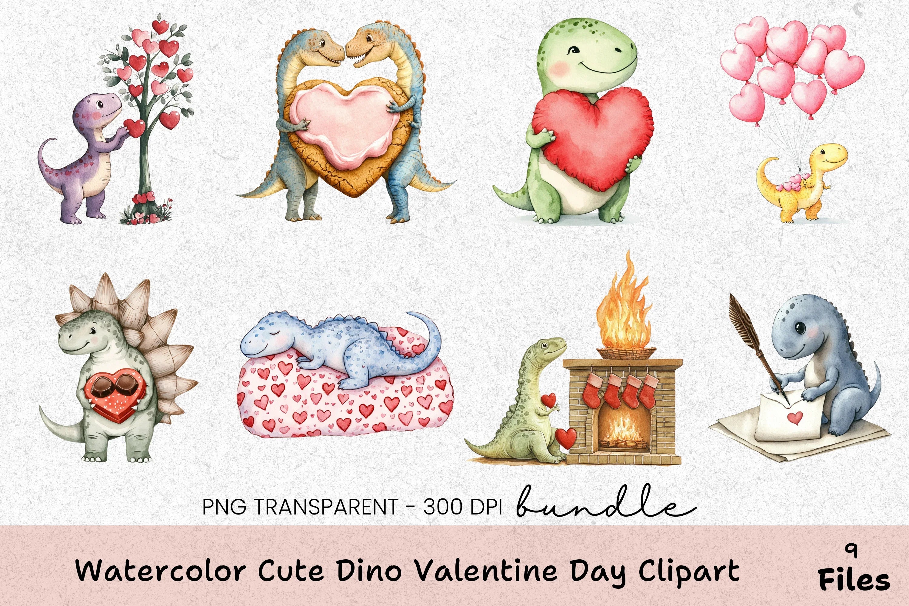 Cute Dino Valentine's Day Clipart Bundle
