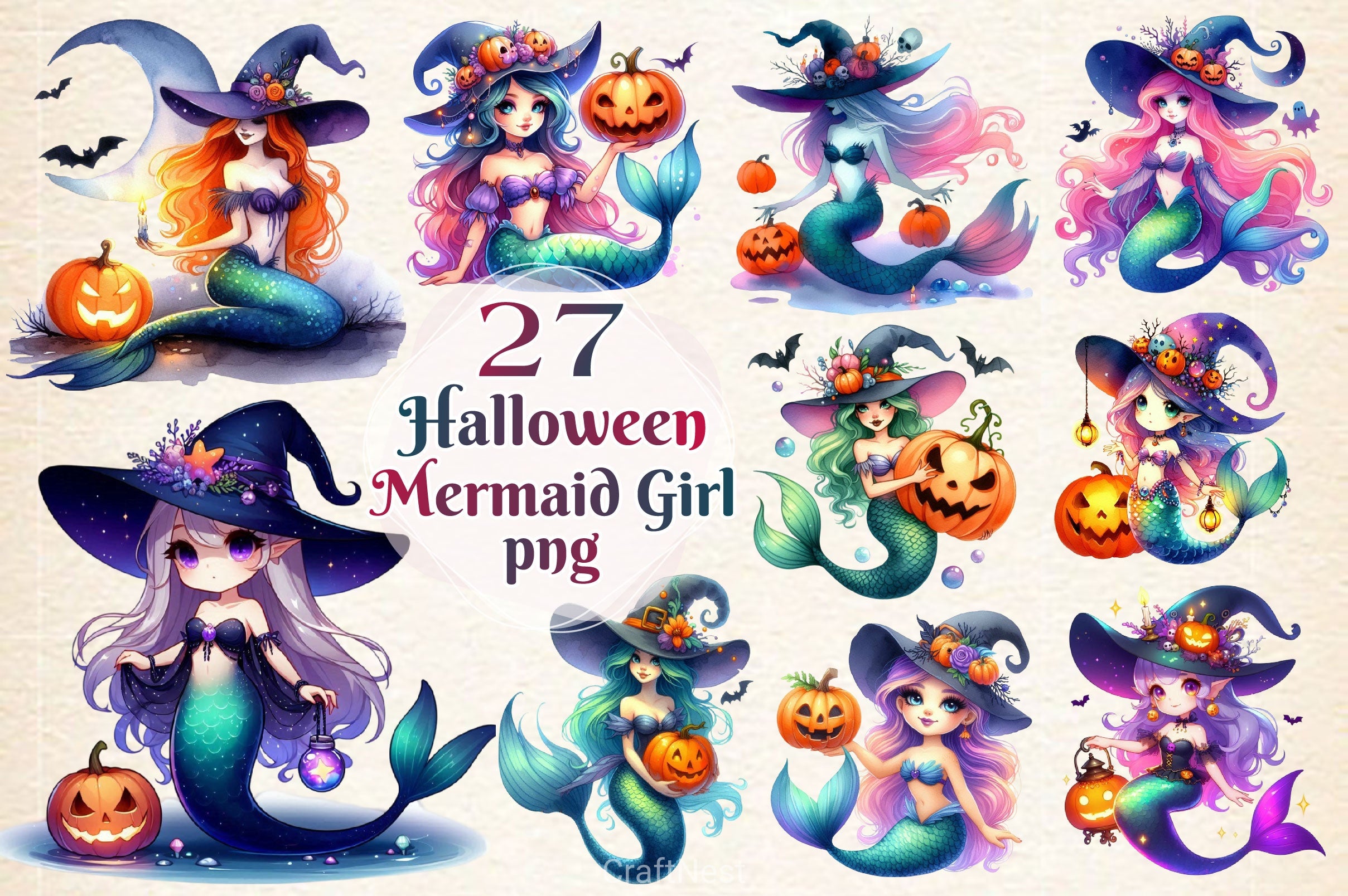 Halloween Mystical Mermaid Girl Clipart Bundle 2 - CraftNest - Digital Crafting and Art