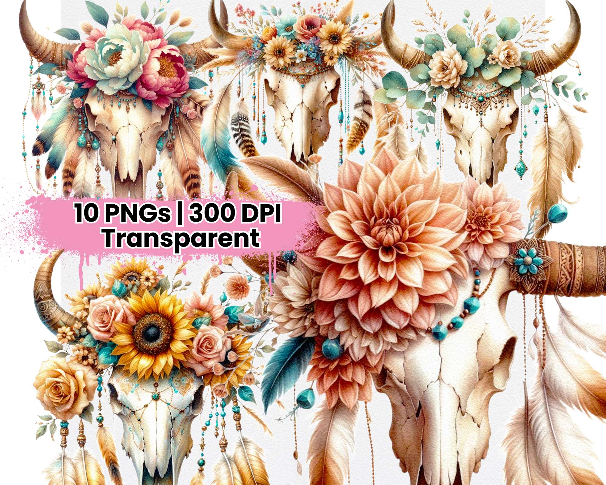 Cow Skull with Crown Flowers and Sunflowers - CraftNest - Digital Crafting and Art