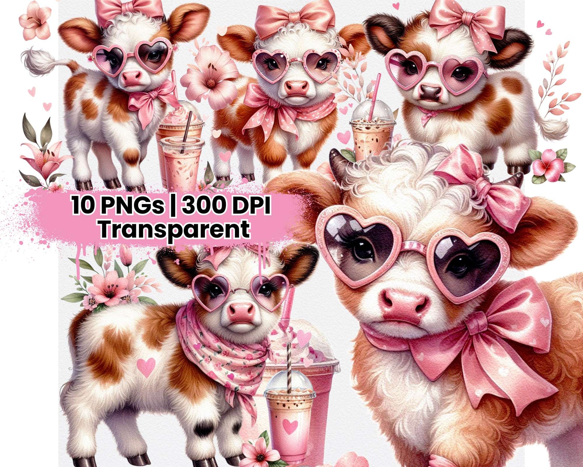 Cute Cow with Tropical Flowers and Iced Coffee - CraftNest - Digital Crafting and Art