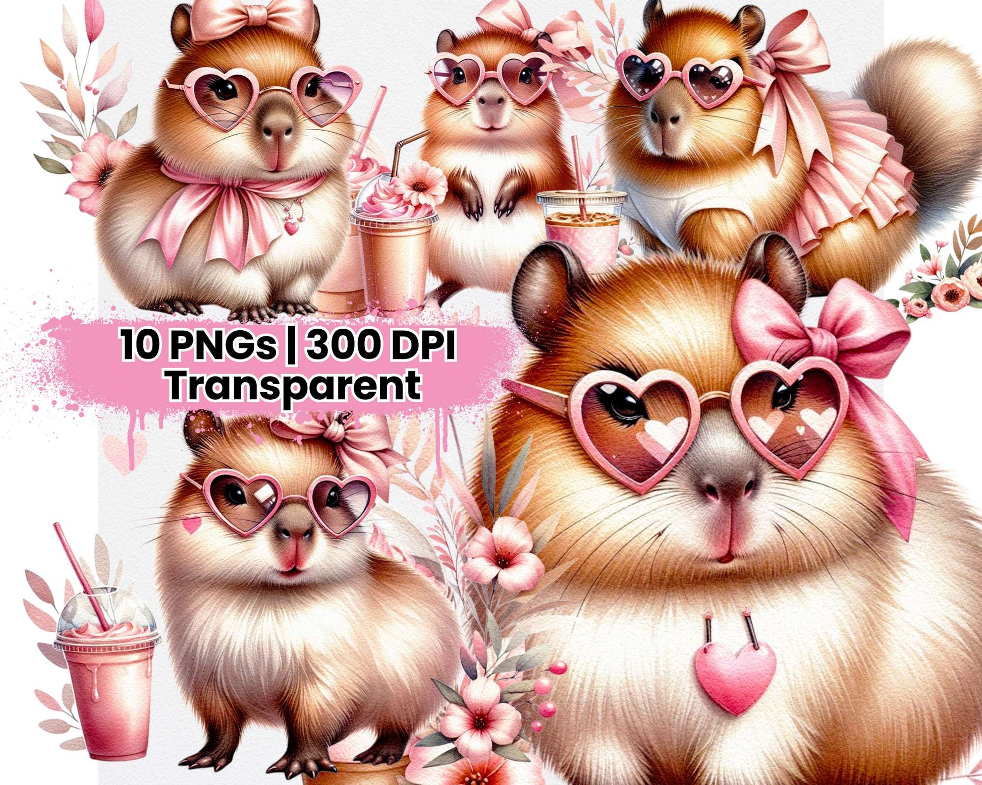 Cute Pink Capybara with Tropical Flowers and Iced Coffee - CraftNest - Digital Crafting and Art