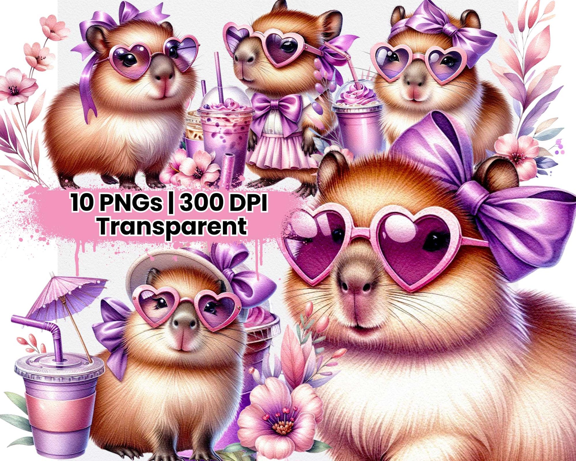 Cute Purple Capybara with Tropical Flowers and Iced Coffee - CraftNest - Digital Crafting and Art