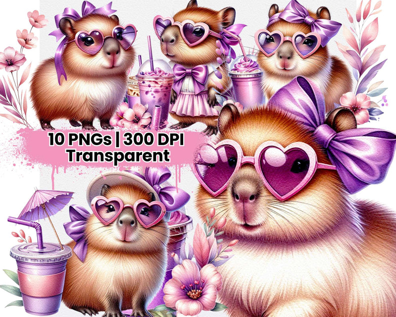 Cute Purple Capybara with Tropical Flowers and Iced Coffee - CraftNest - Digital Crafting and Art