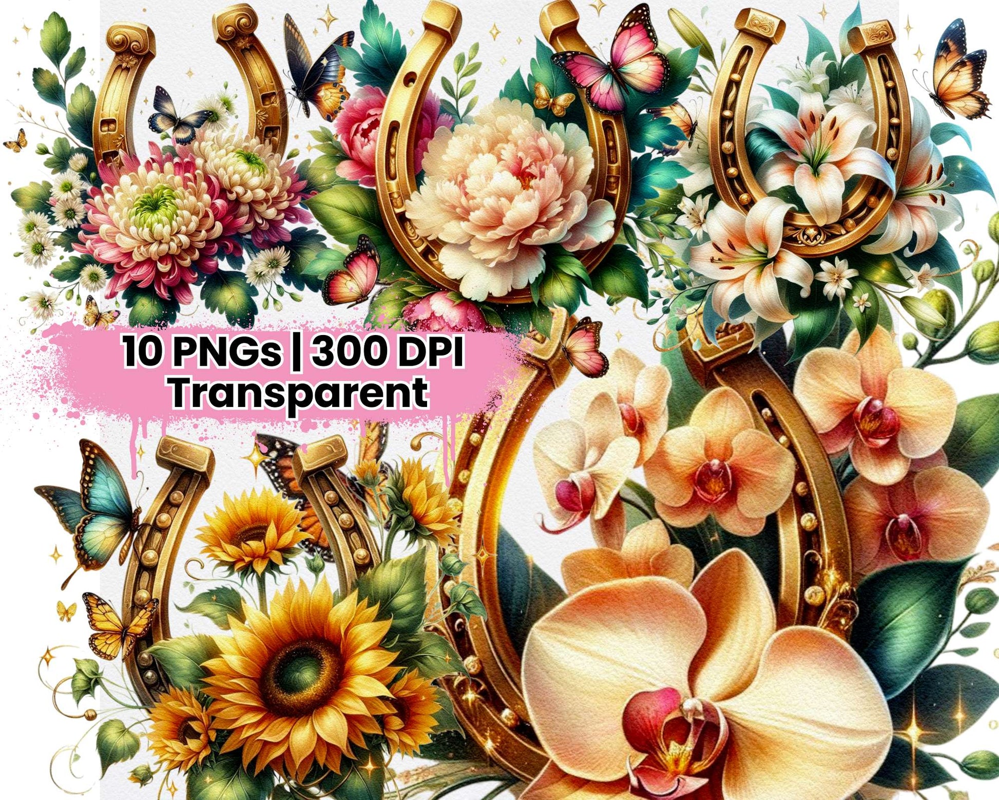 Gold Horseshoe with Flowers and Butterflies - CraftNest - Digital Crafting and Art