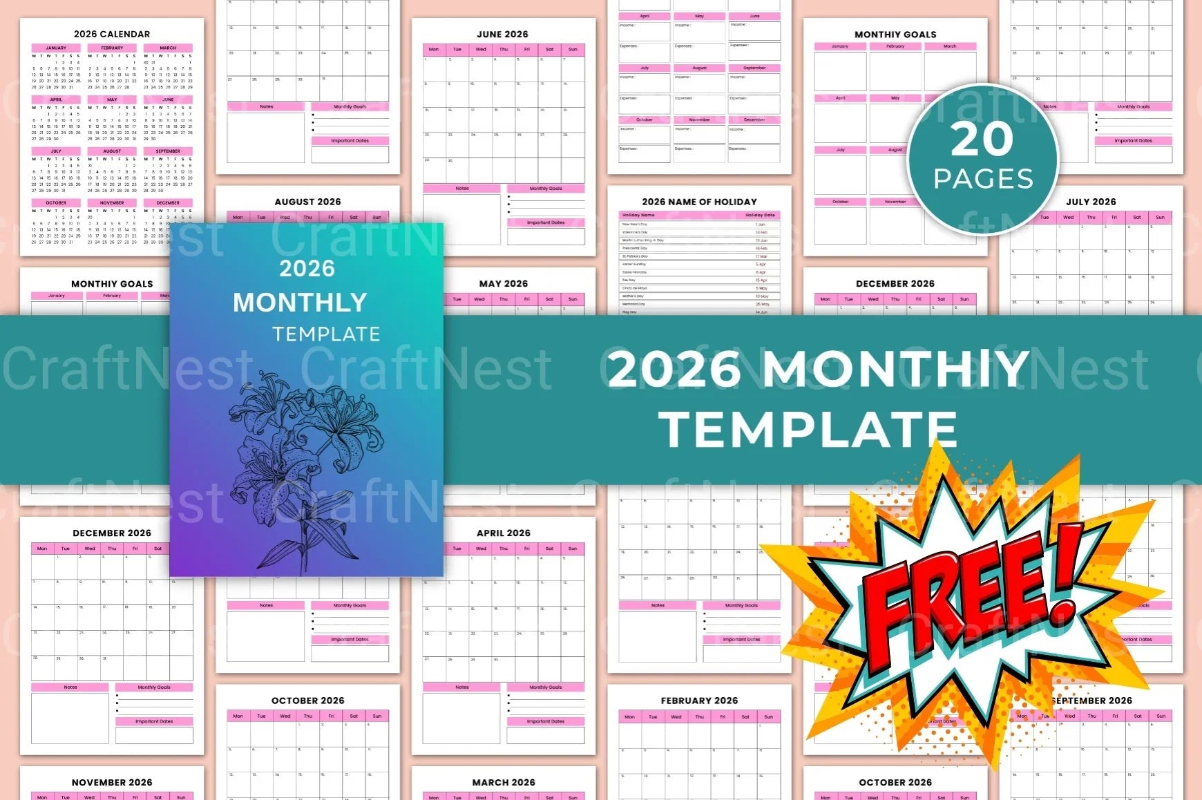 Monthly Planner Template - CraftNest - Digital Crafting and Art
