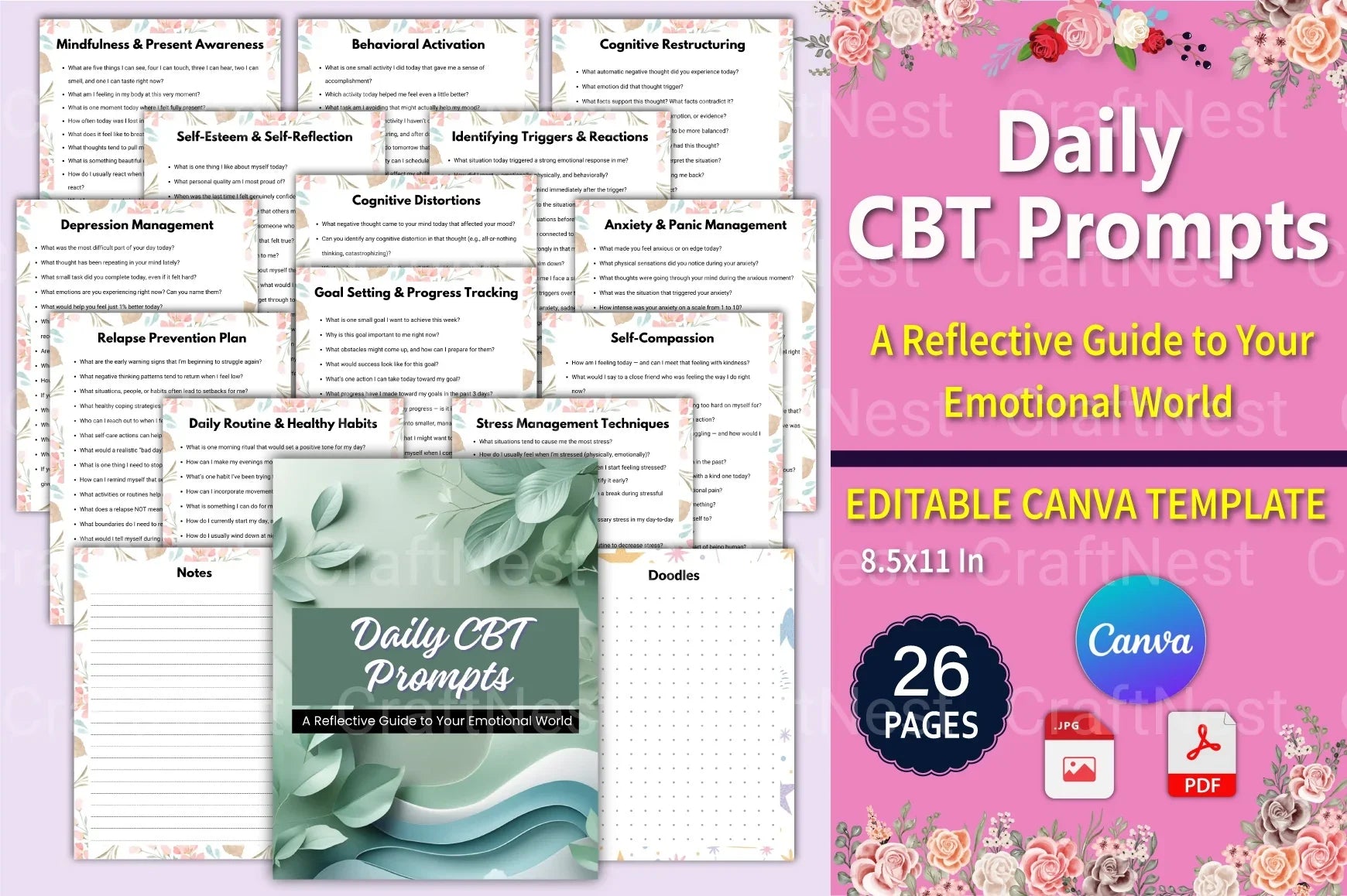 Daily CBT Prompts Book for Mental Wellness - CraftNest - Digital Crafting and Art