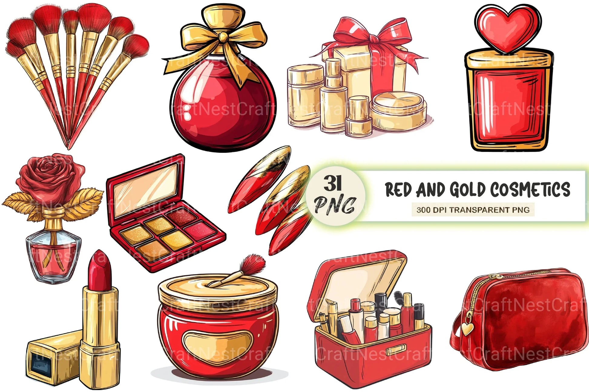 Red And Gold Cosmetics Clipart Bundle - CraftNest - Digital Crafting and Art