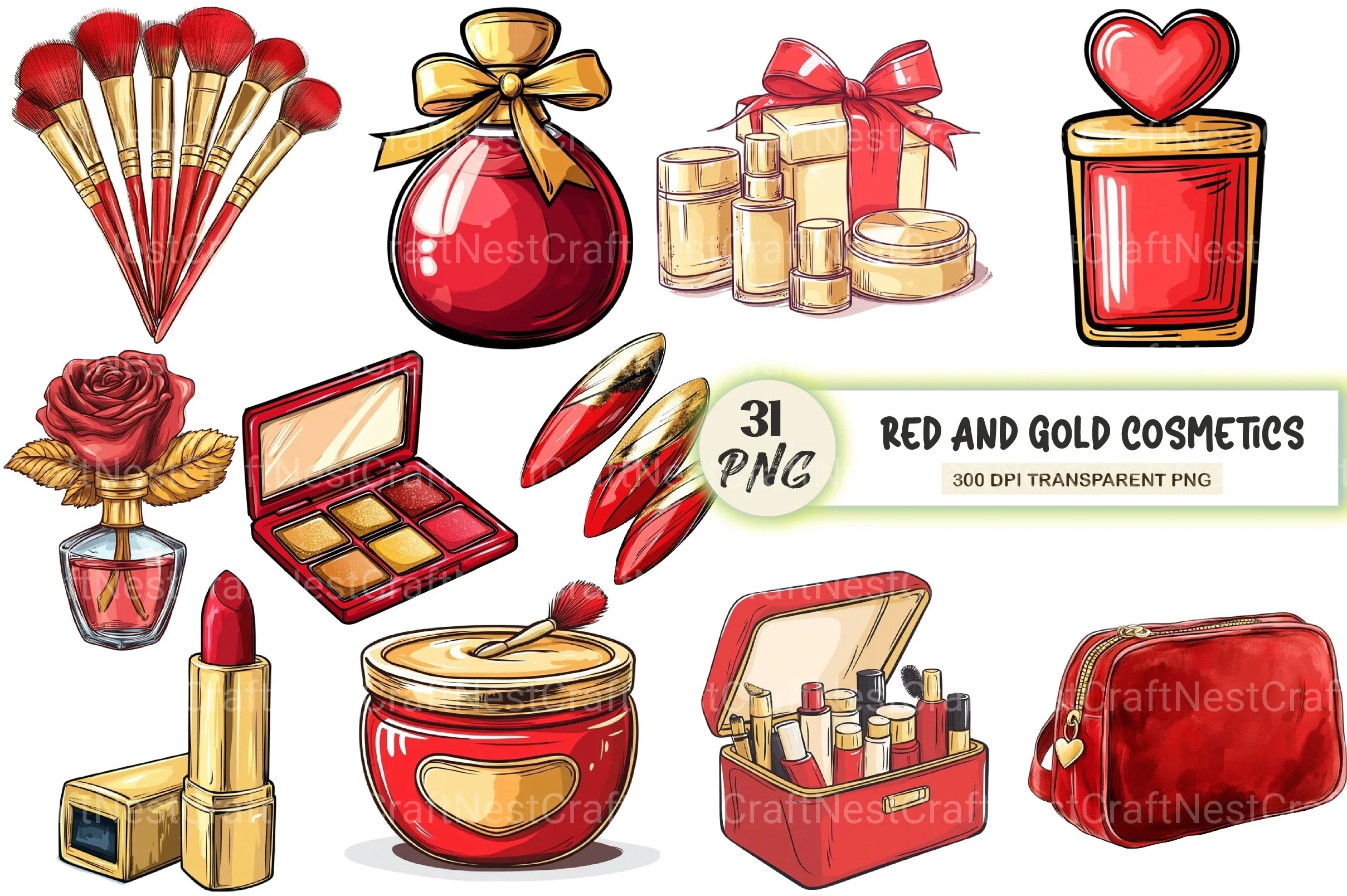Red And Gold Cosmetics Clipart Bundle - CraftNest - Digital Crafting and Art