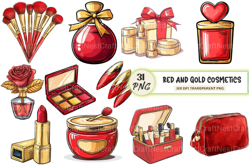 Red And Gold Cosmetics Clipart Bundle - CraftNest - Digital Crafting and Art