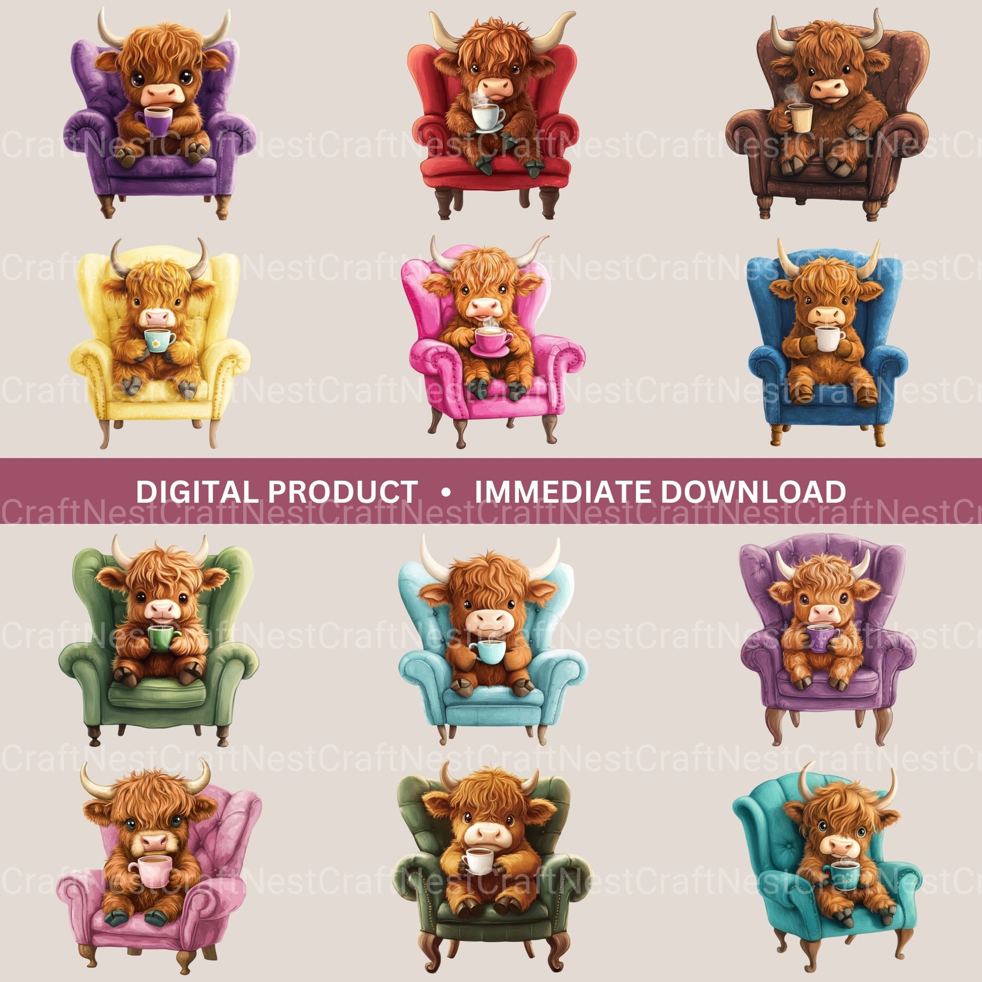Highland Cow Drinking Coffee Clipart Bundle - CraftNest - Digital Crafting and Art
