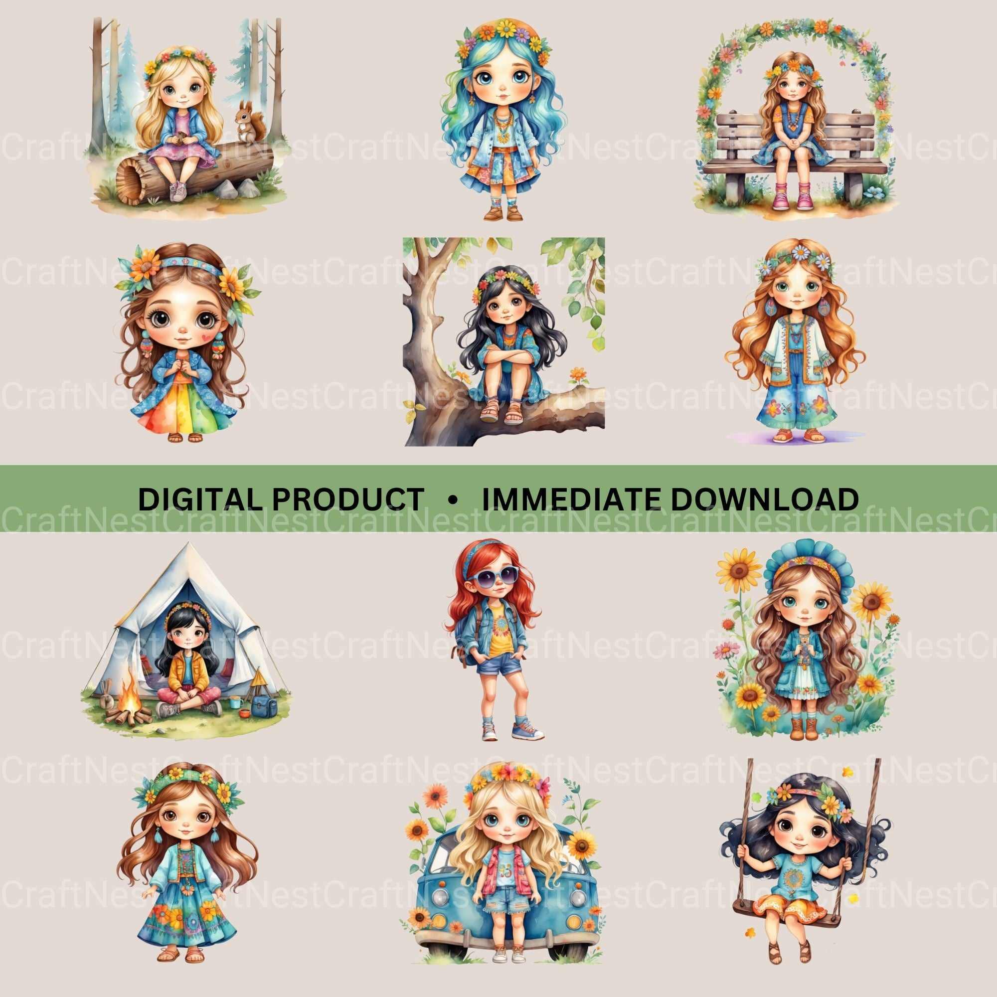 Hippie Girls ( 1) Clipart Bundle - CraftNest - Digital Crafting and Art