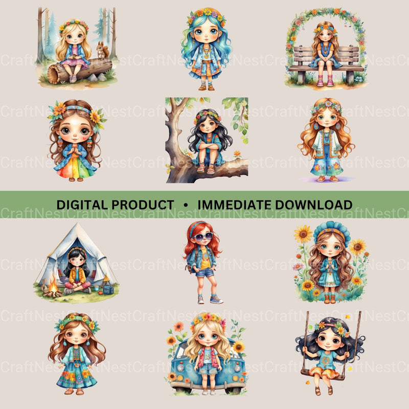 Hippie Girls ( 1) Clipart Bundle - CraftNest - Digital Crafting and Art