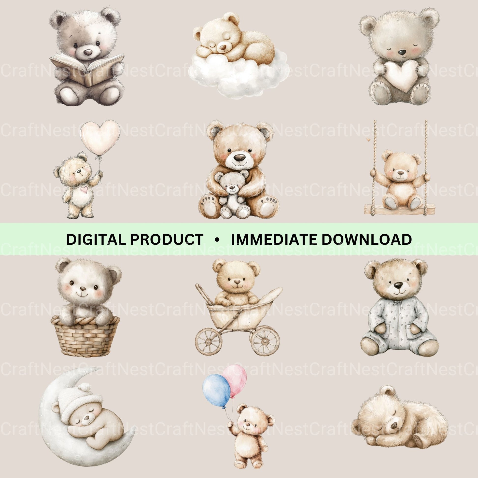 Neutral Bear Nursery Clipart Bundle - CraftNest - Digital Crafting and Art