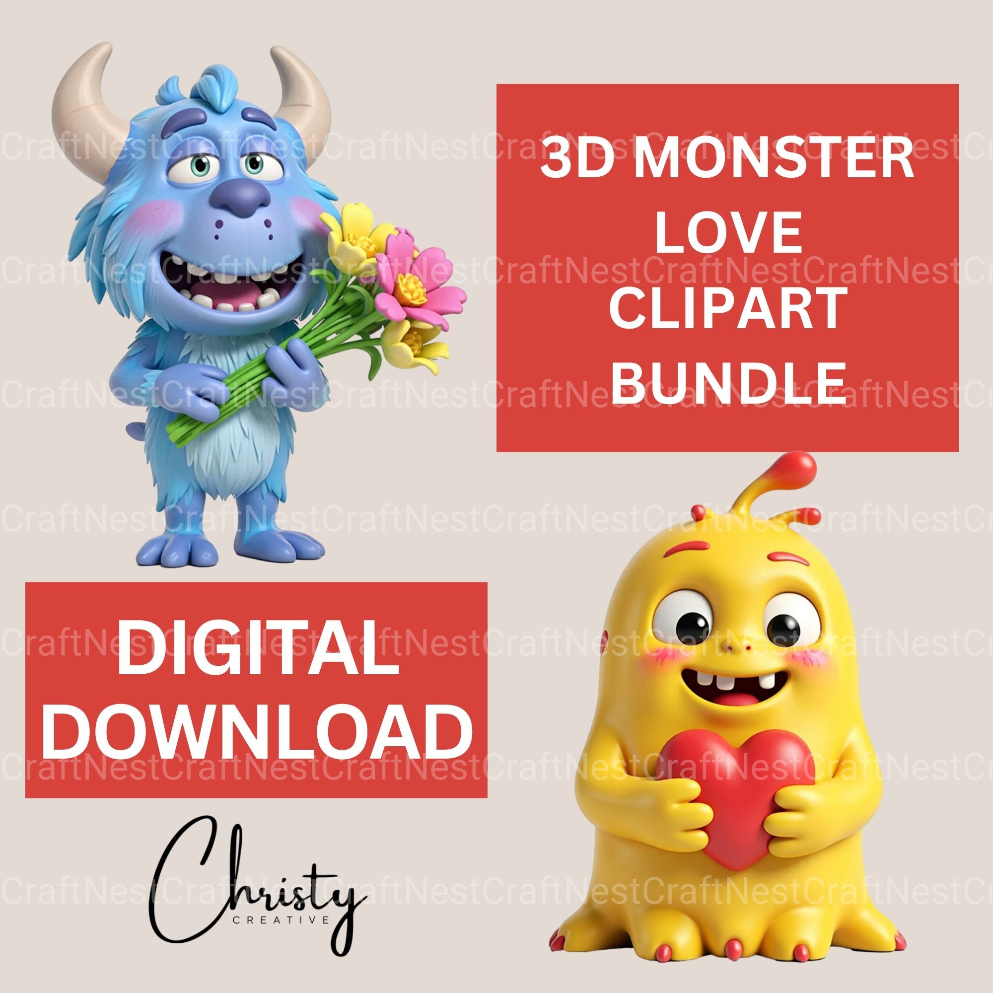 3D Monster Love Clipart Bundle - CraftNest - Digital Crafting and Art